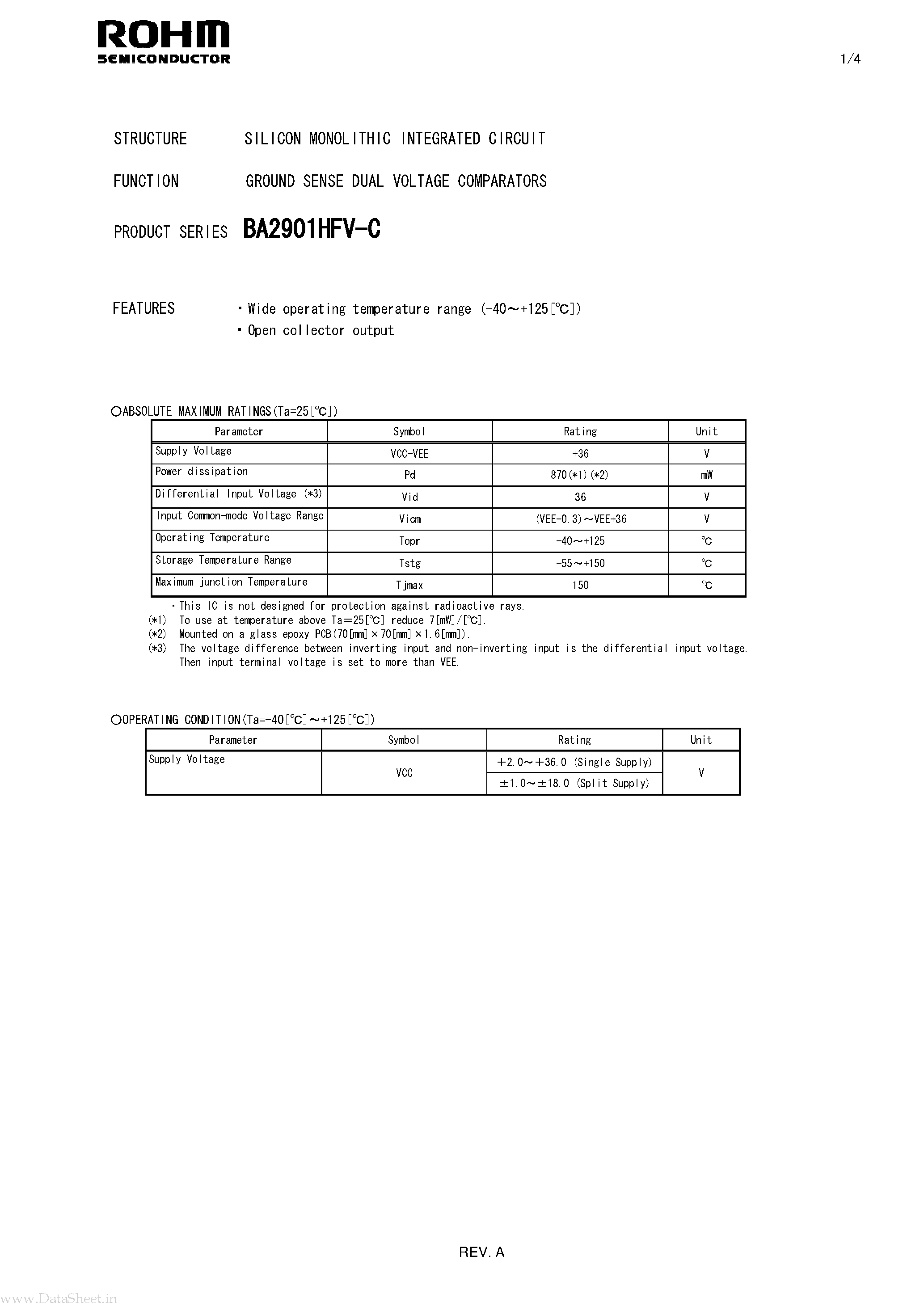 Datasheet BA2901HFV-C - GROUND SENSE DUAL VOLTAGE COMPARATORS page 1