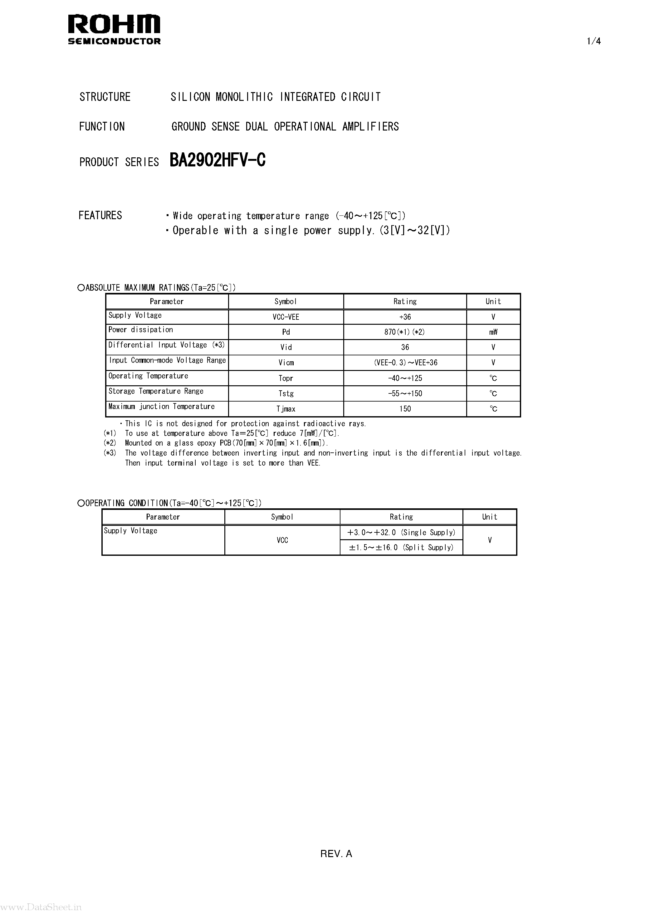 Datasheet BA2902HFV-C page 1 Datasheet BA2902HFV-C - GROUND SENSE DUAL OPERATIONAL AMPLIFIERS page 1