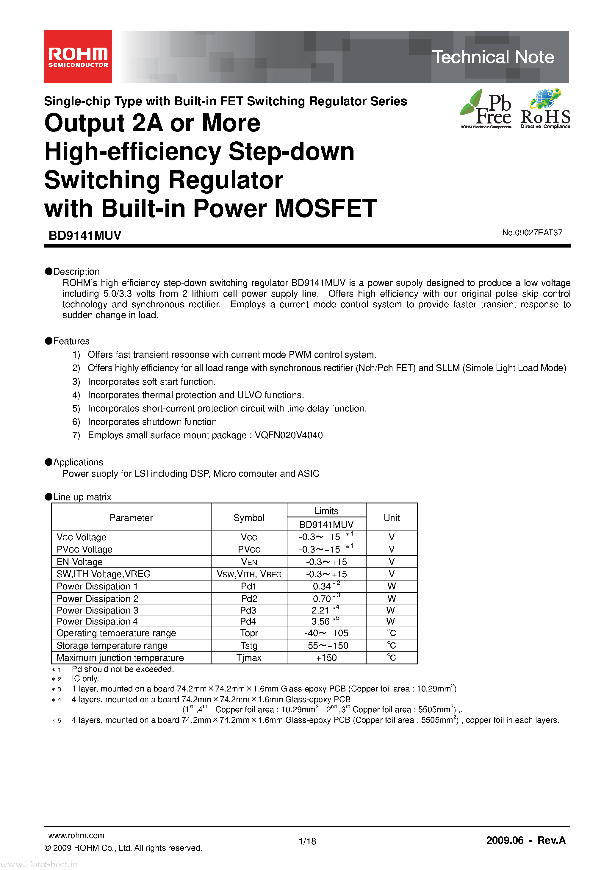 Даташит на микросхему BD9141MUV страница 1 Даташит BD9141MUV - Output 2A or More High-efficiency Step-down Switching Regulator страница 1