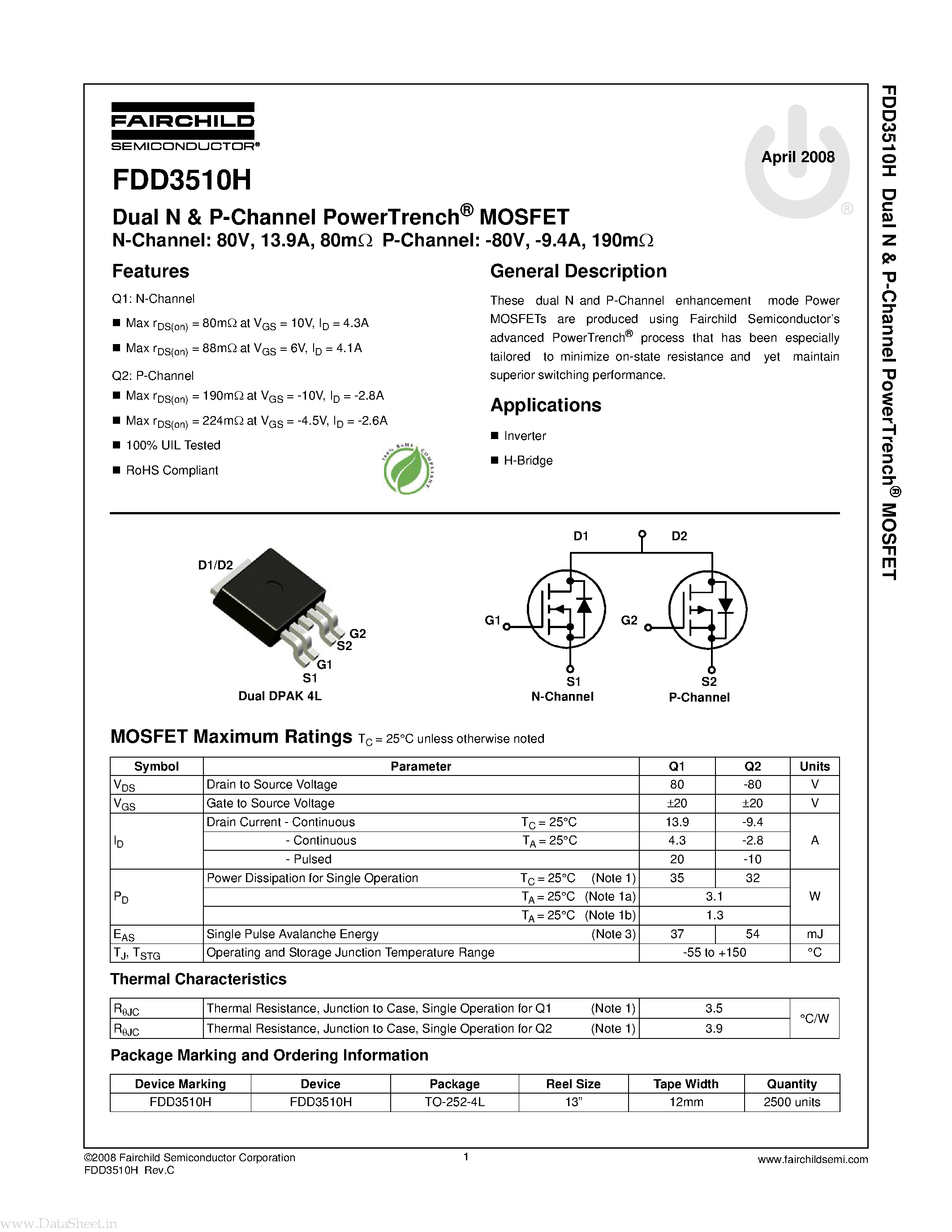 Даташит FDD3510H - Dual N & P-Channel PowerTrench MOSFET страница 1