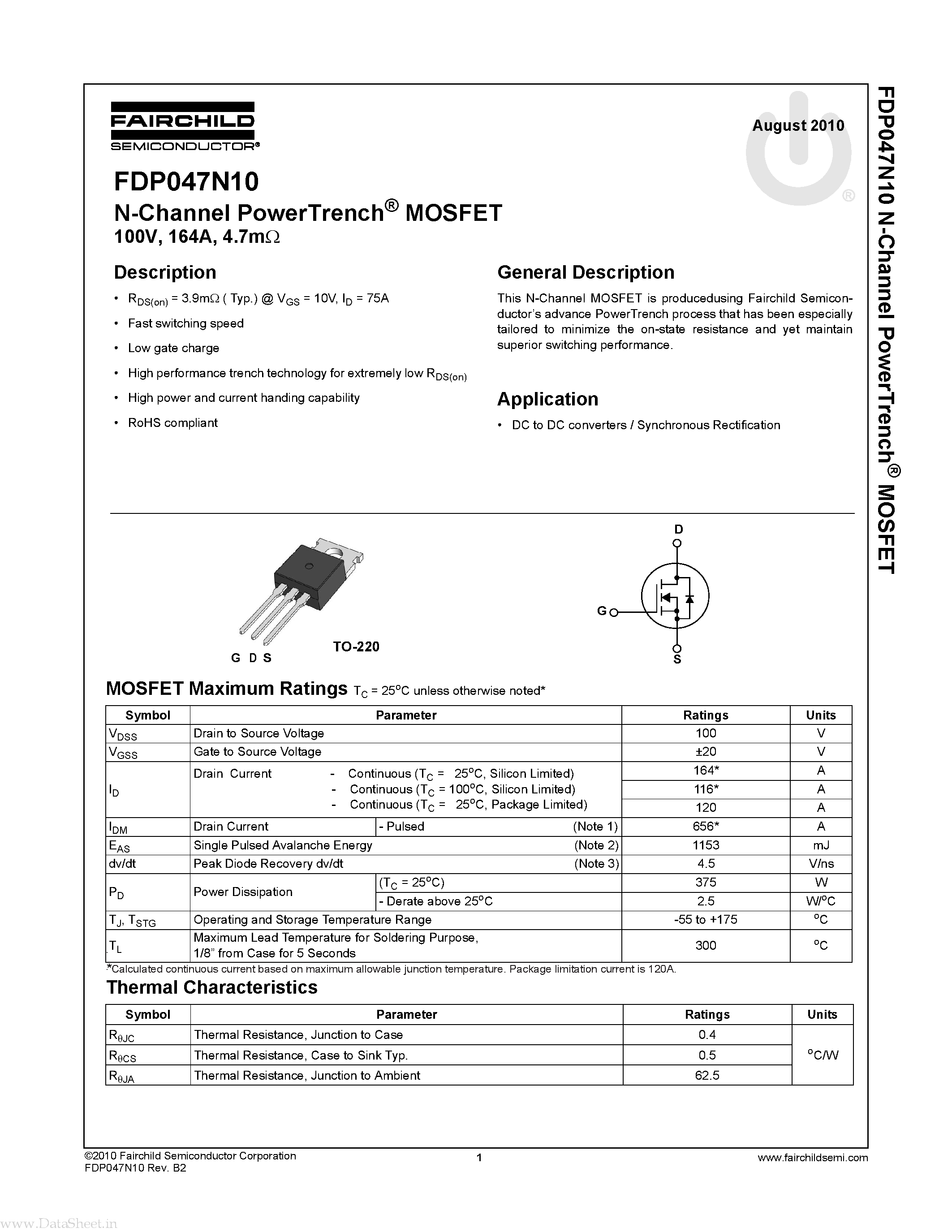 Datasheet FDP047N10 - N-Channel PowerTrench MOSFET page 1