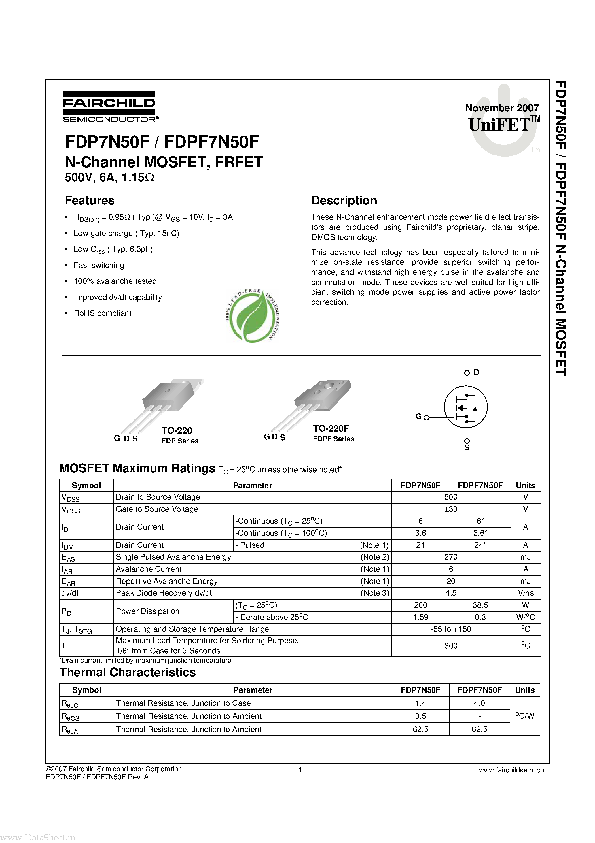 Datasheet FDP7N50F - N-Channel MOSFET page 1