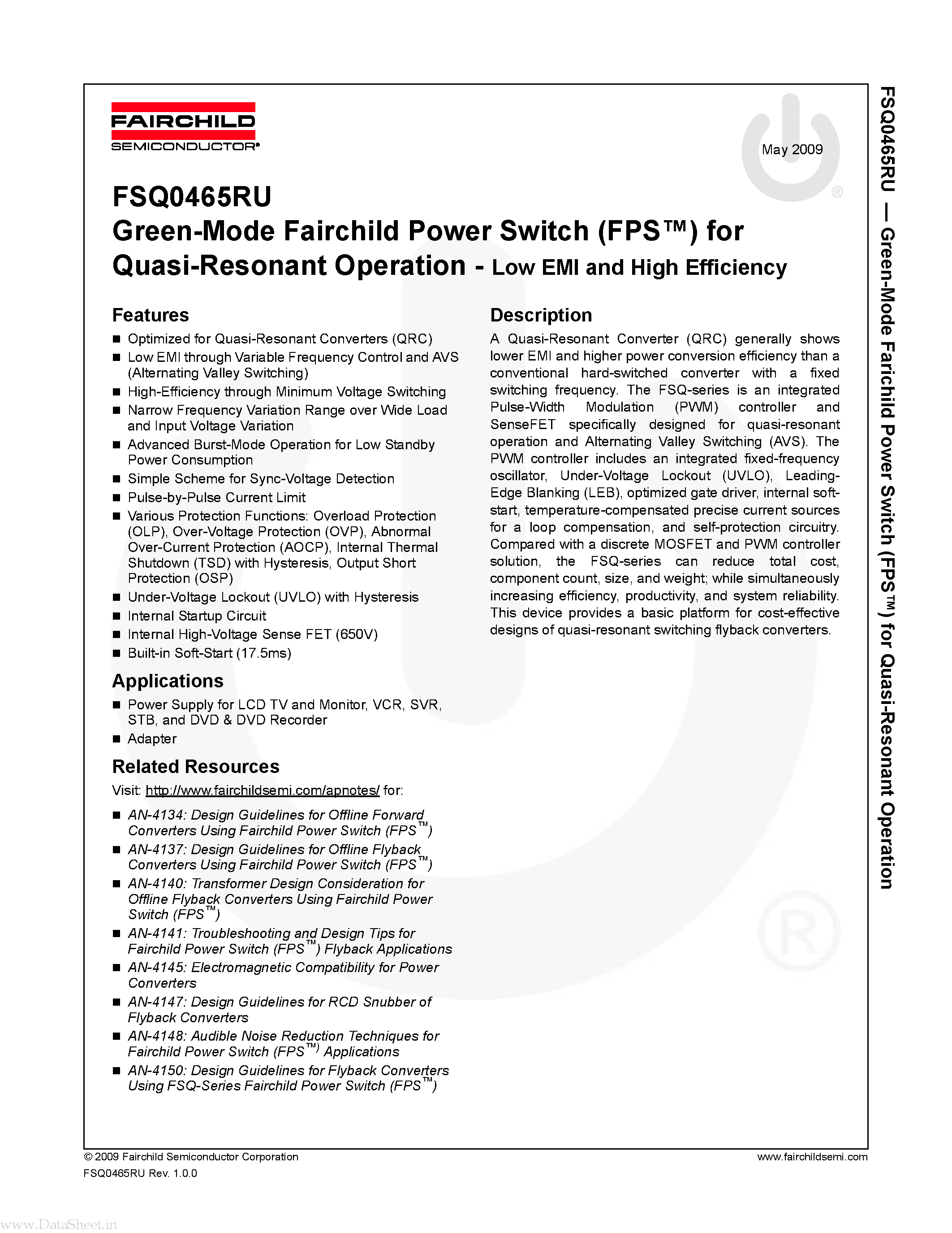 Даташит на микросхему FSQ0465RU страница 1 Даташит FSQ0465RU - Green-Mode Fairchild Power Switch страница 1
