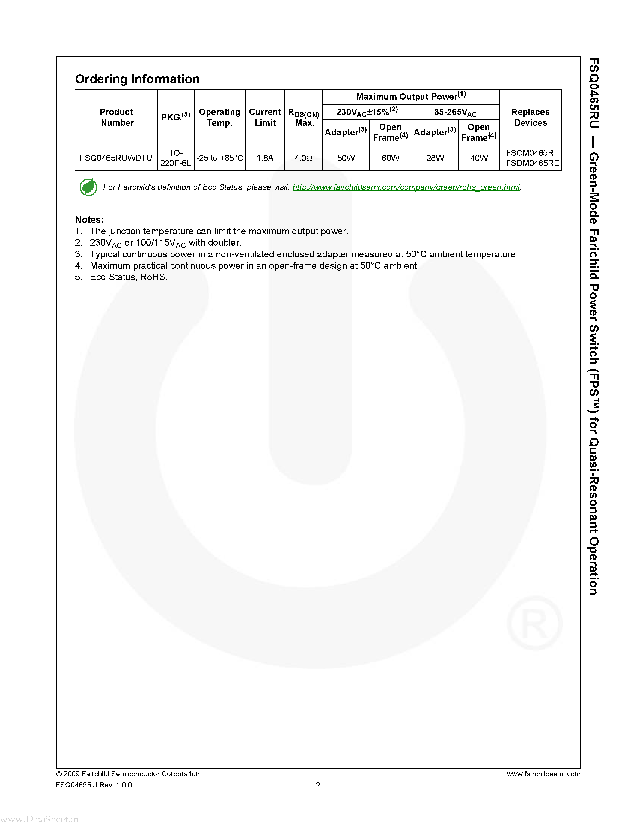 Даташит на микросхему FSQ0465RU страница 2 Даташит FSQ0465RU - Green-Mode Fairchild Power Switch страница 2