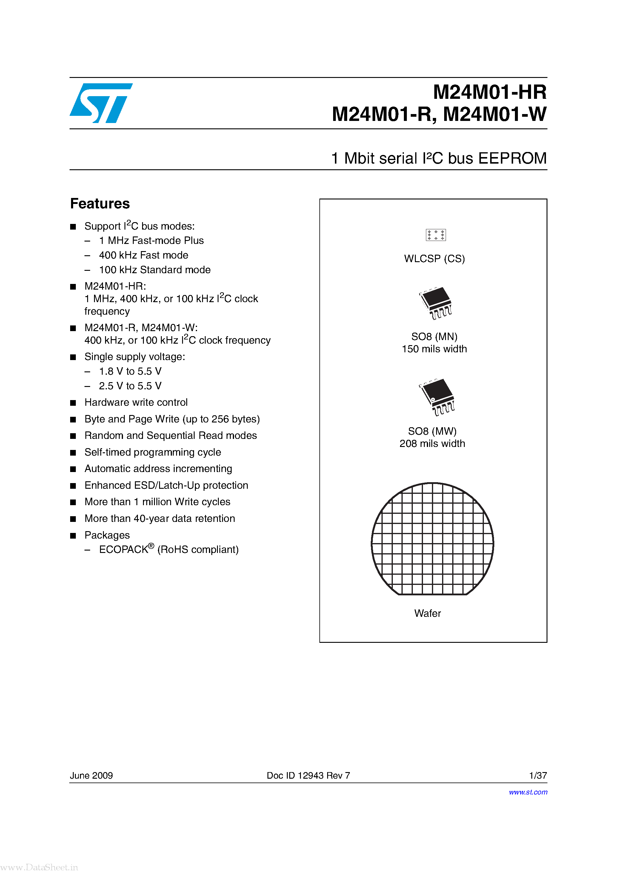 Datasheet M24M01-HR page 1 Datasheet M24M01-HR - 1 Mbit serial I2C bus EEPROM page 1