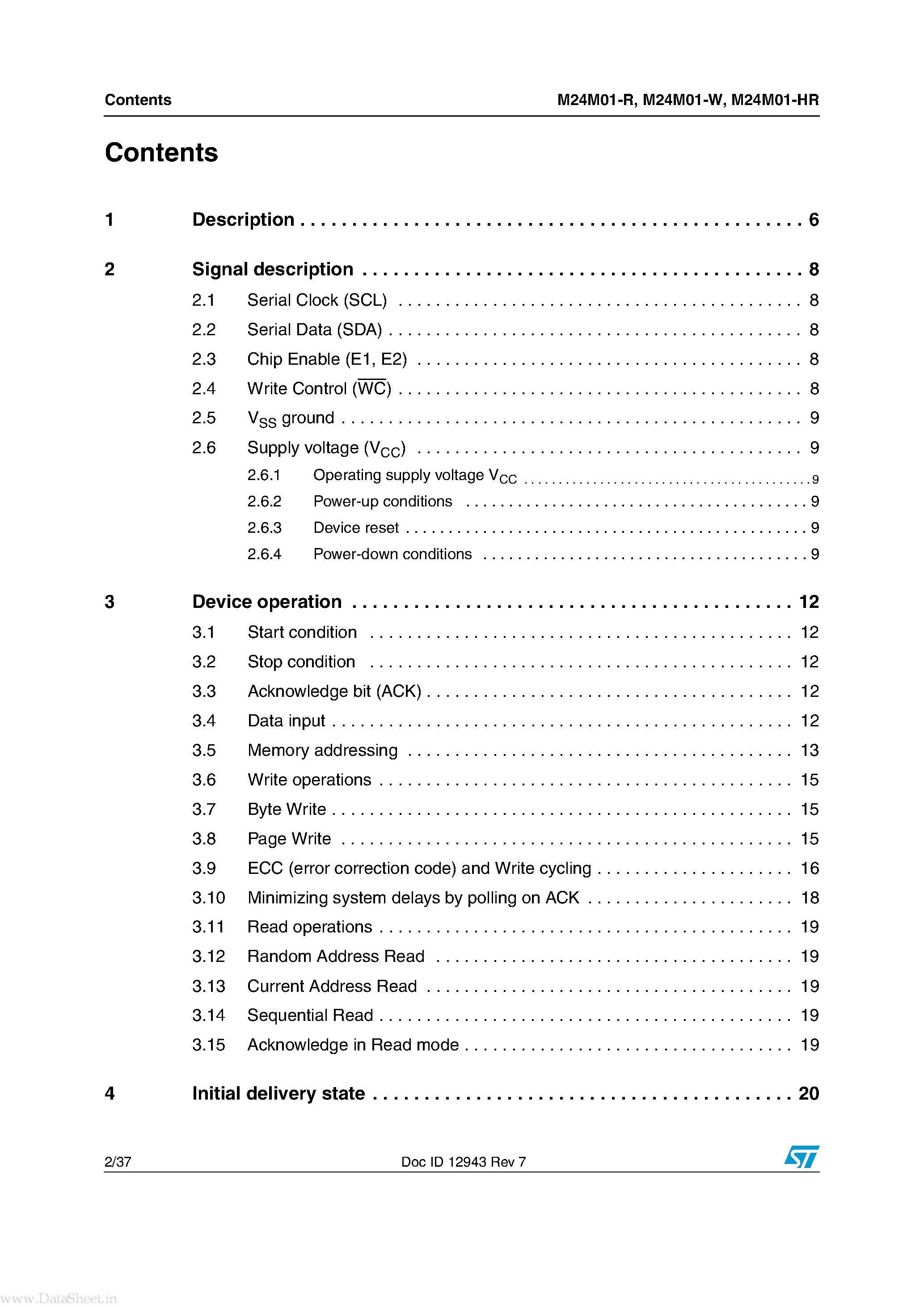 Datasheet M24M01-HR page 2 Datasheet M24M01-HR - 1 Mbit serial I2C bus EEPROM page 2