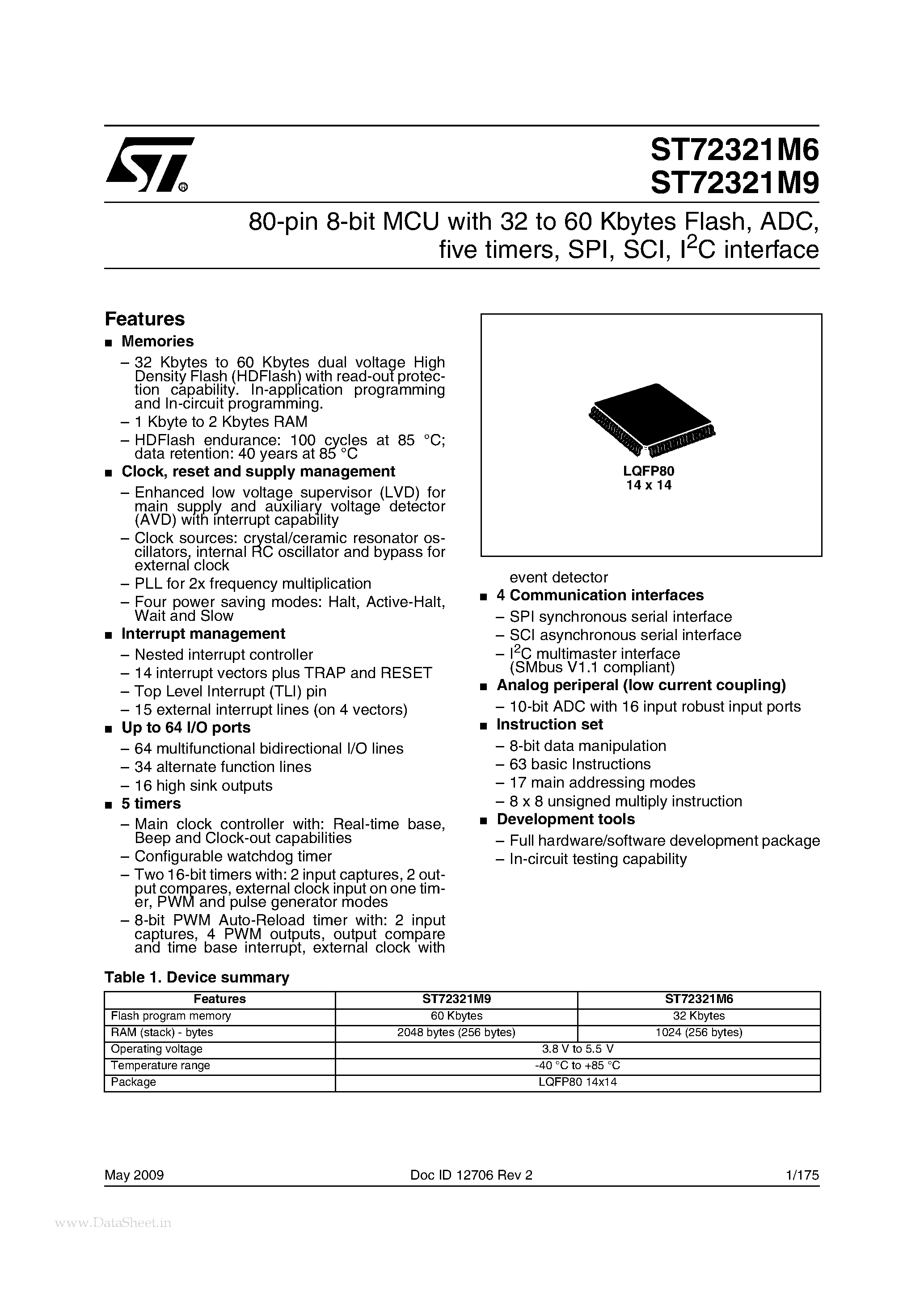 Datasheet ST72321M6 page 1 Datasheet ST72321M6 - (ST72321M6 / ST72321M9) 80-pin 8-bit MCU page 1