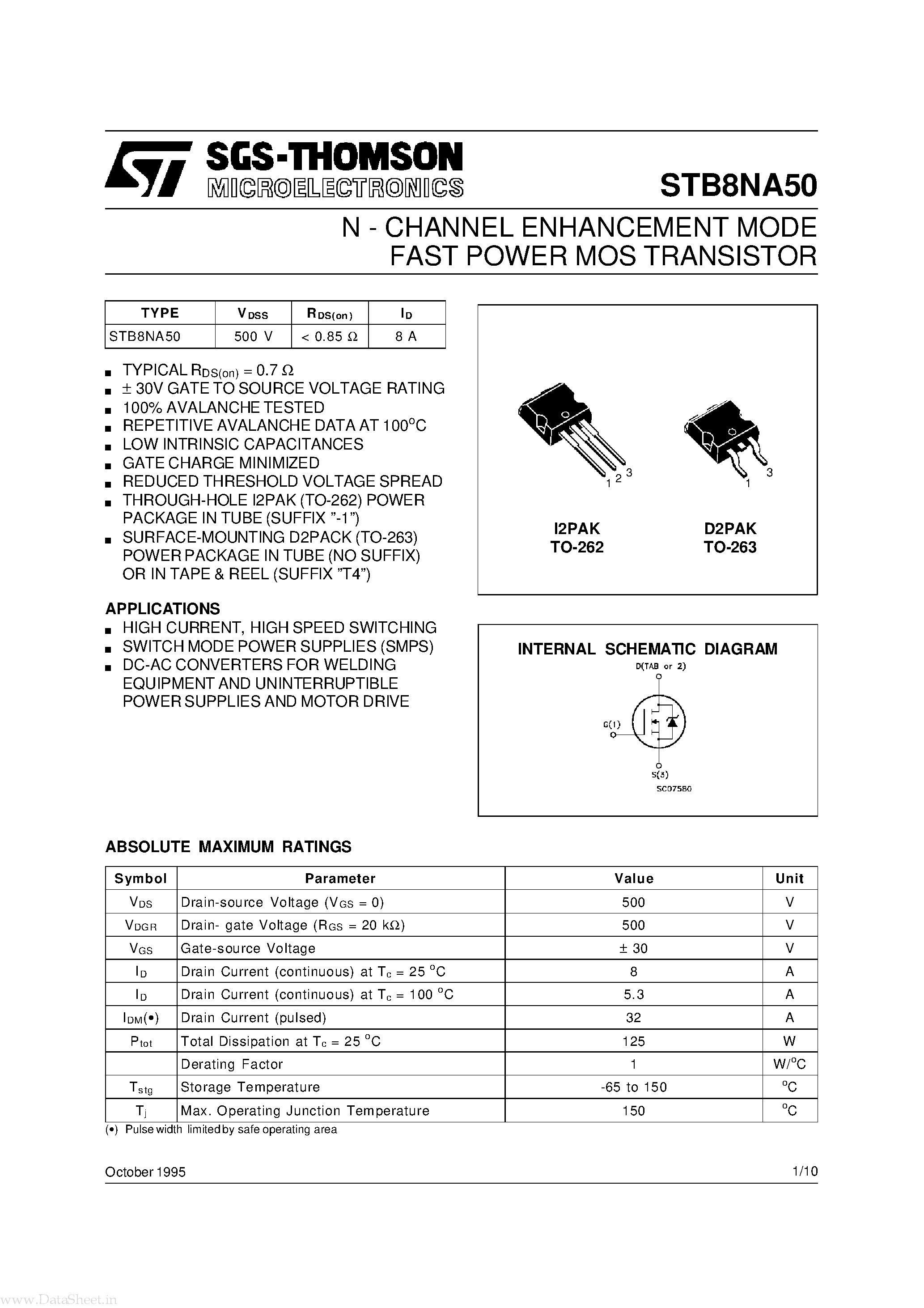 Datasheet STB8NA50 - N - CHANNEL ENHANCEMENT MODE FAST POWER MOS TRANSISTOR page 1