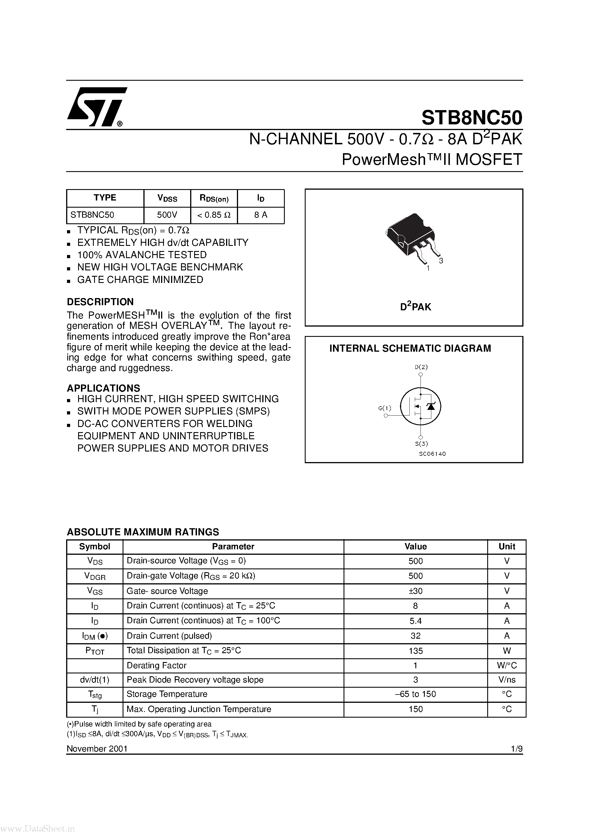 Datasheet STB8NC50 - N-CHANNEL MOSFET page 1