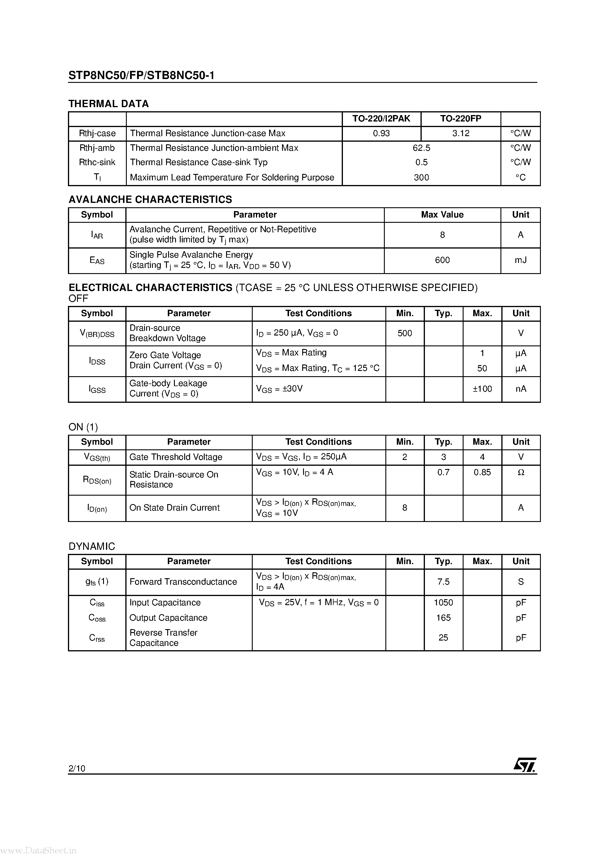 Datasheet STB8NC50-1 - N-CHANNEL MOSFET page 2