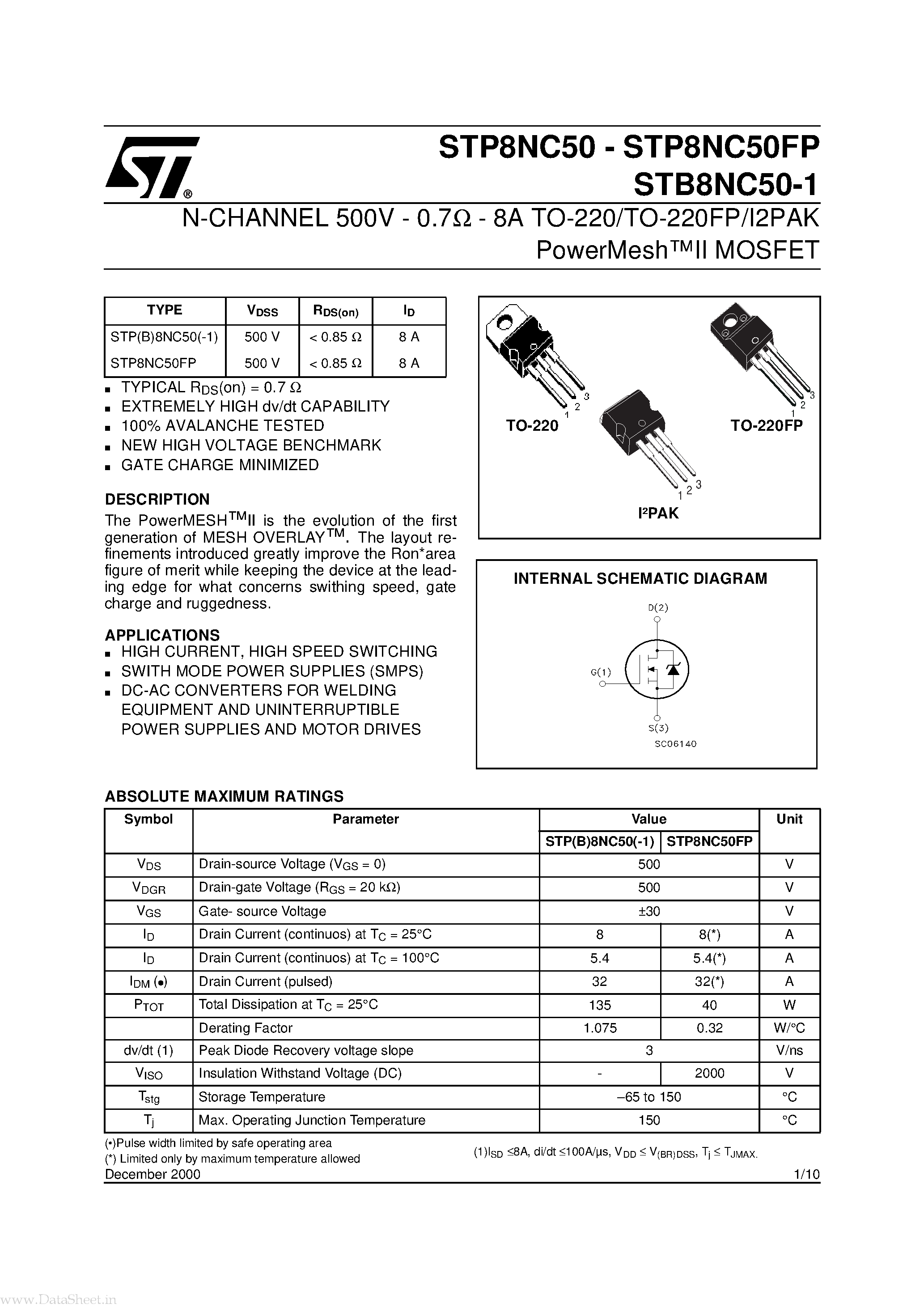 Datasheet STP8NC50 page 1 Datasheet STP8NC50 - N-CHANNEL MOSFET page 1