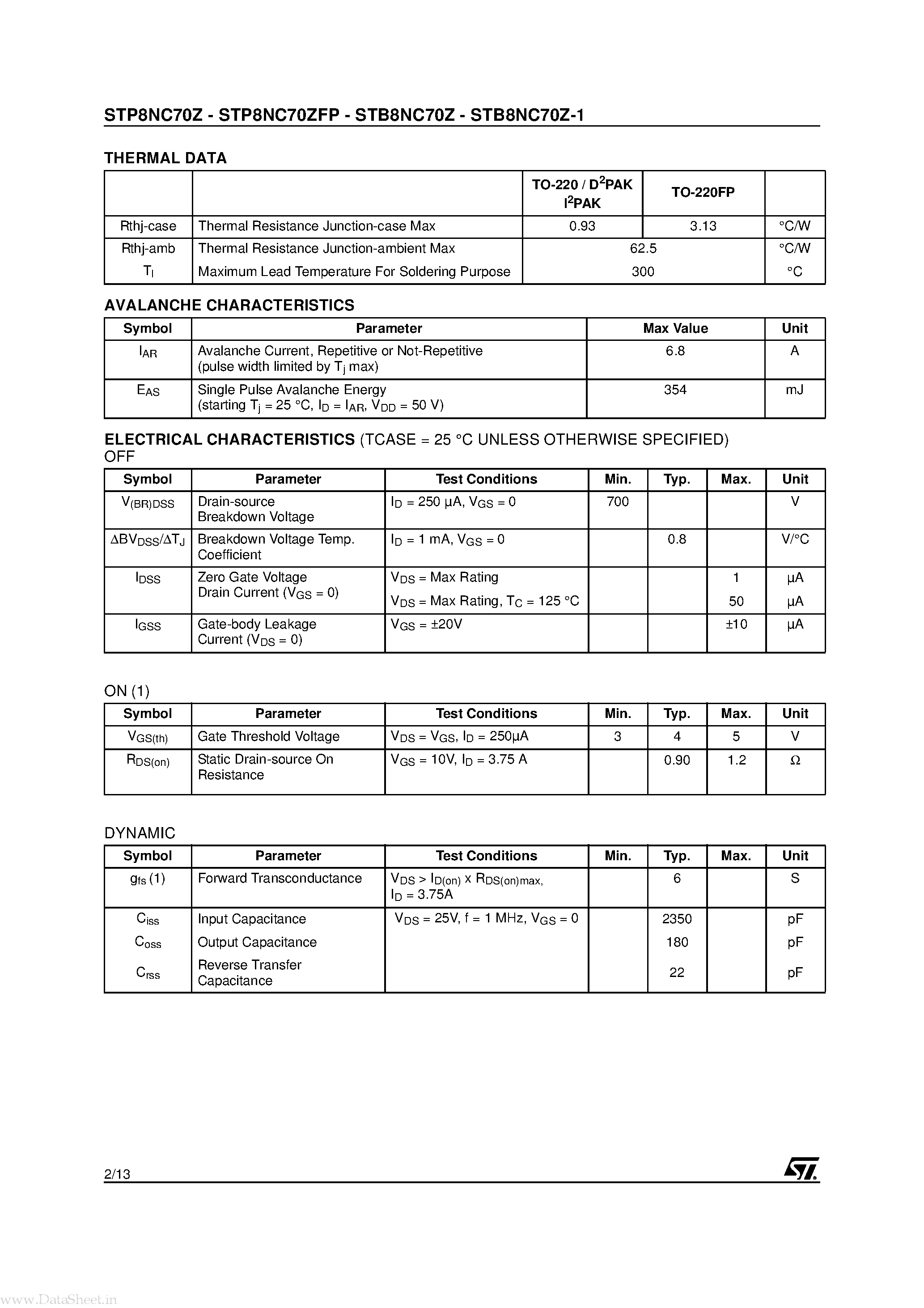 Datasheet STB8NC70Z - N-CHANNEL MOSFET page 2