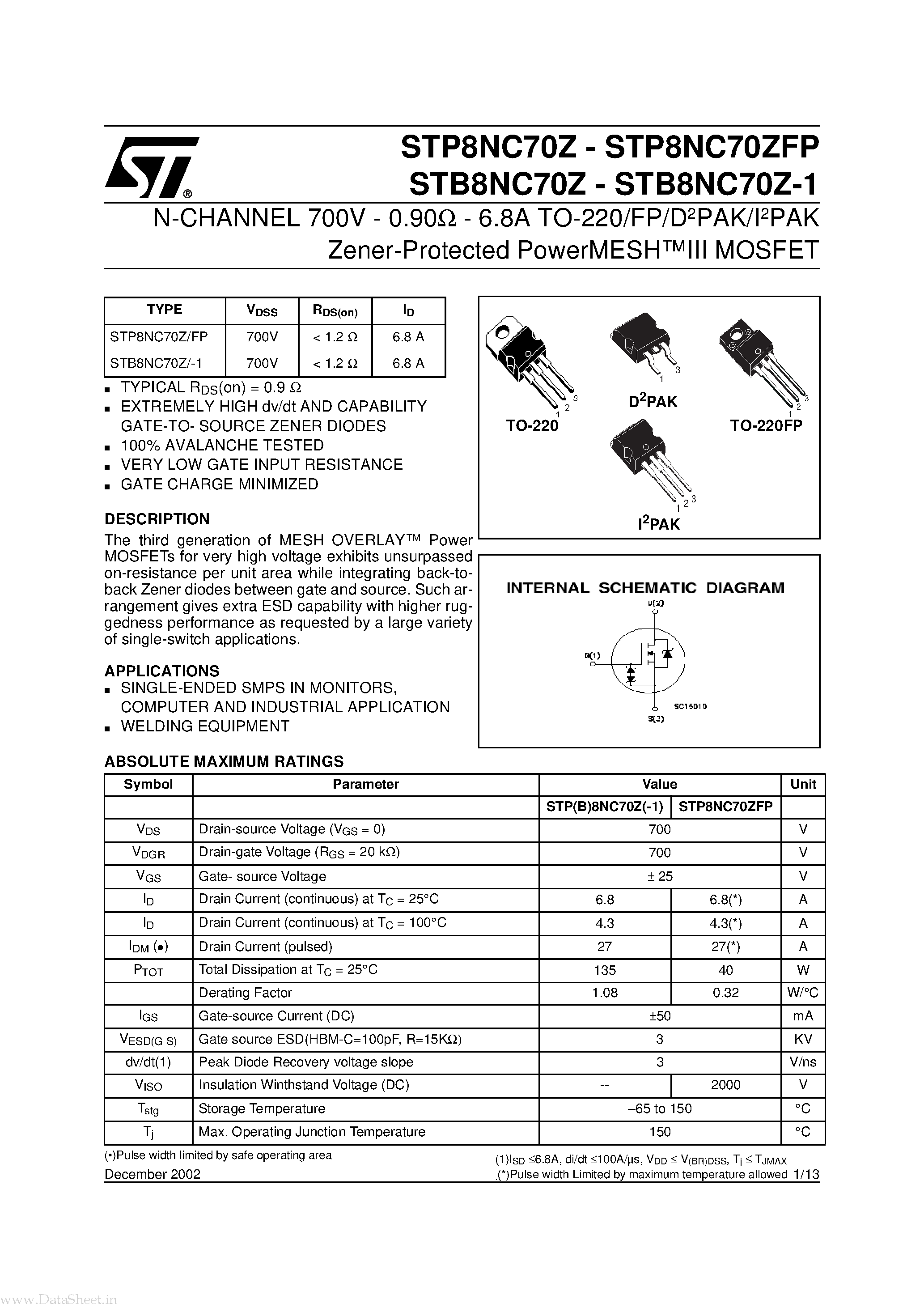 Datasheet STP8NC70Z page 1 Datasheet STP8NC70Z - N-CHANNEL MOSFET page 1