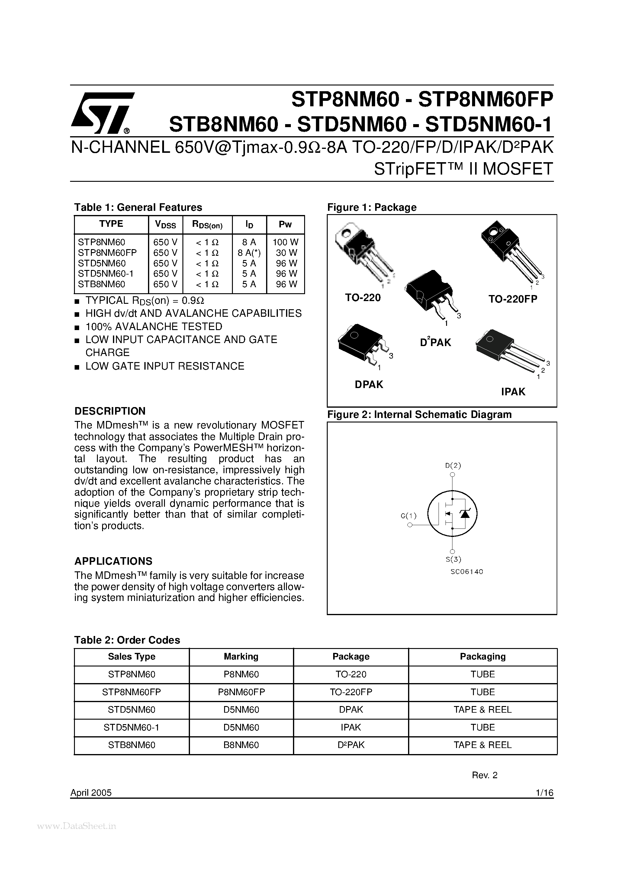 Datasheet STB8NM60 - N-CHANNEL MOSFET page 1