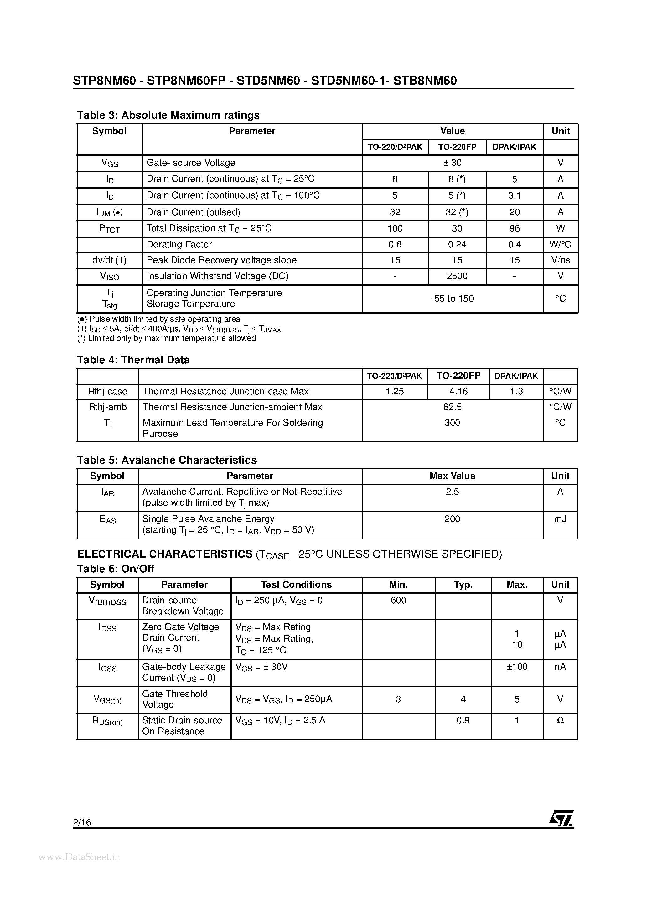 Datasheet STB8NM60 - N-CHANNEL MOSFET page 2