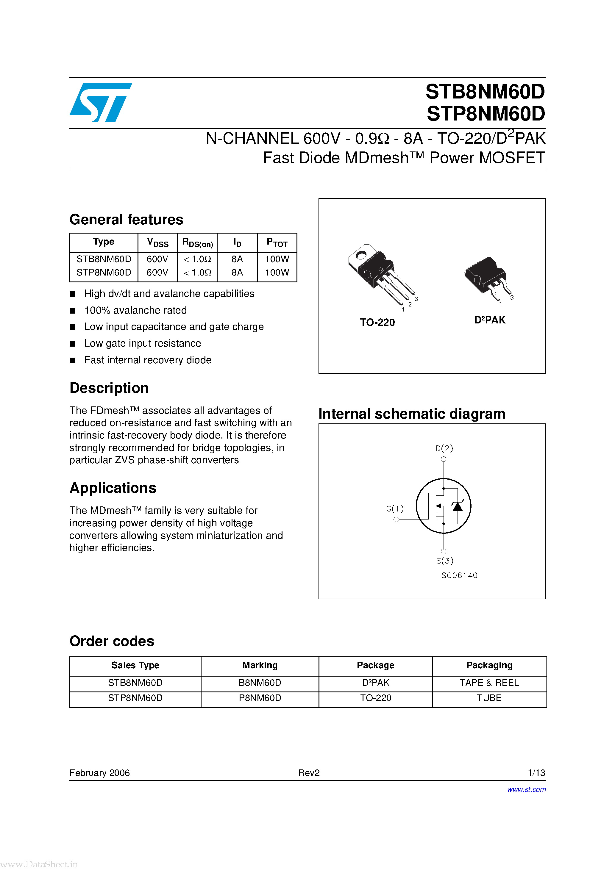 Datasheet STB8NM60D - N-CHANNEL Power MOSFET page 1