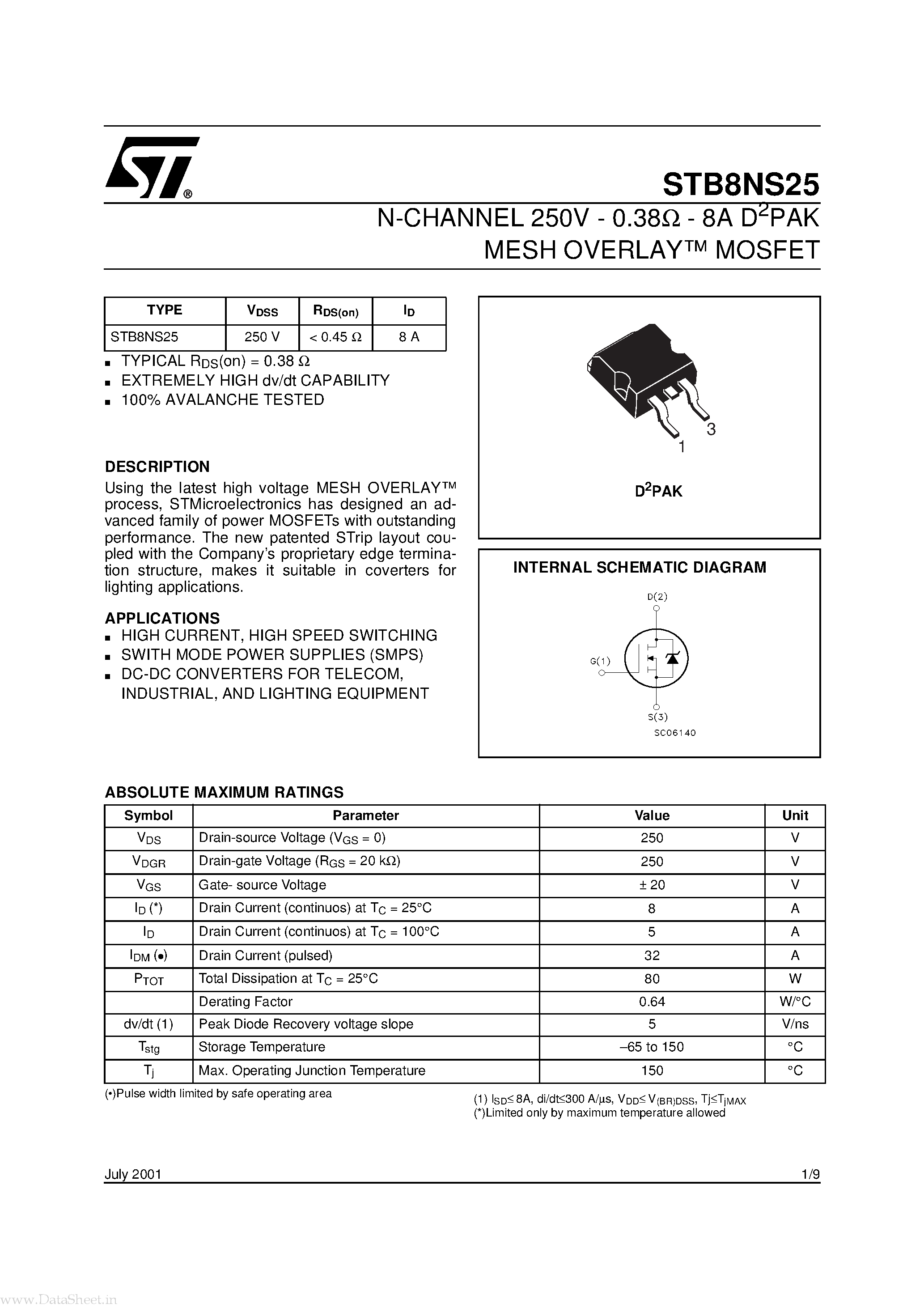 Datasheet STB8NS25 - N-CHANNEL MOSFET page 1