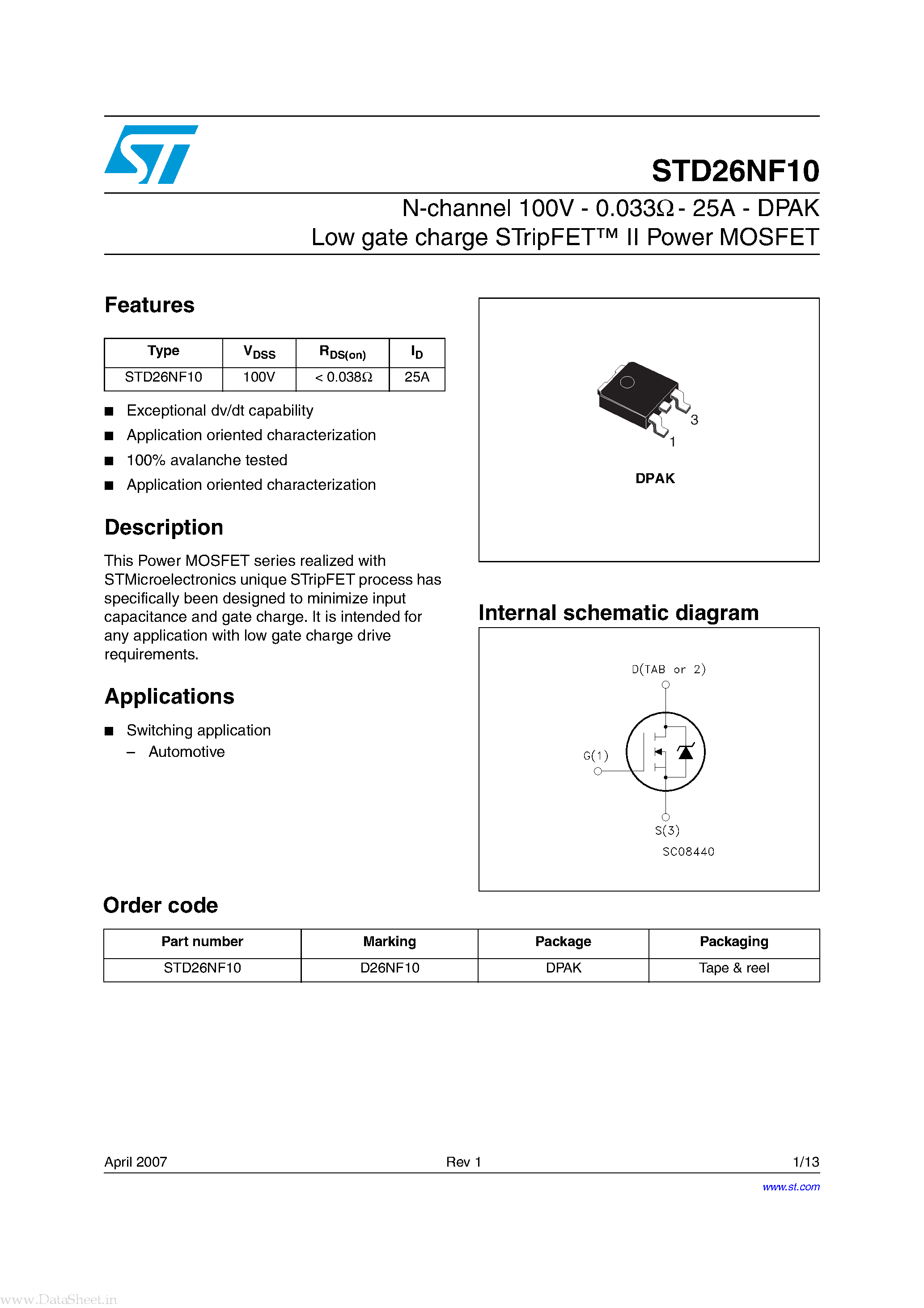 Datasheet STD26NF10 page 1 Datasheet STD26NF10 - N-channel Power MOSFET page 1