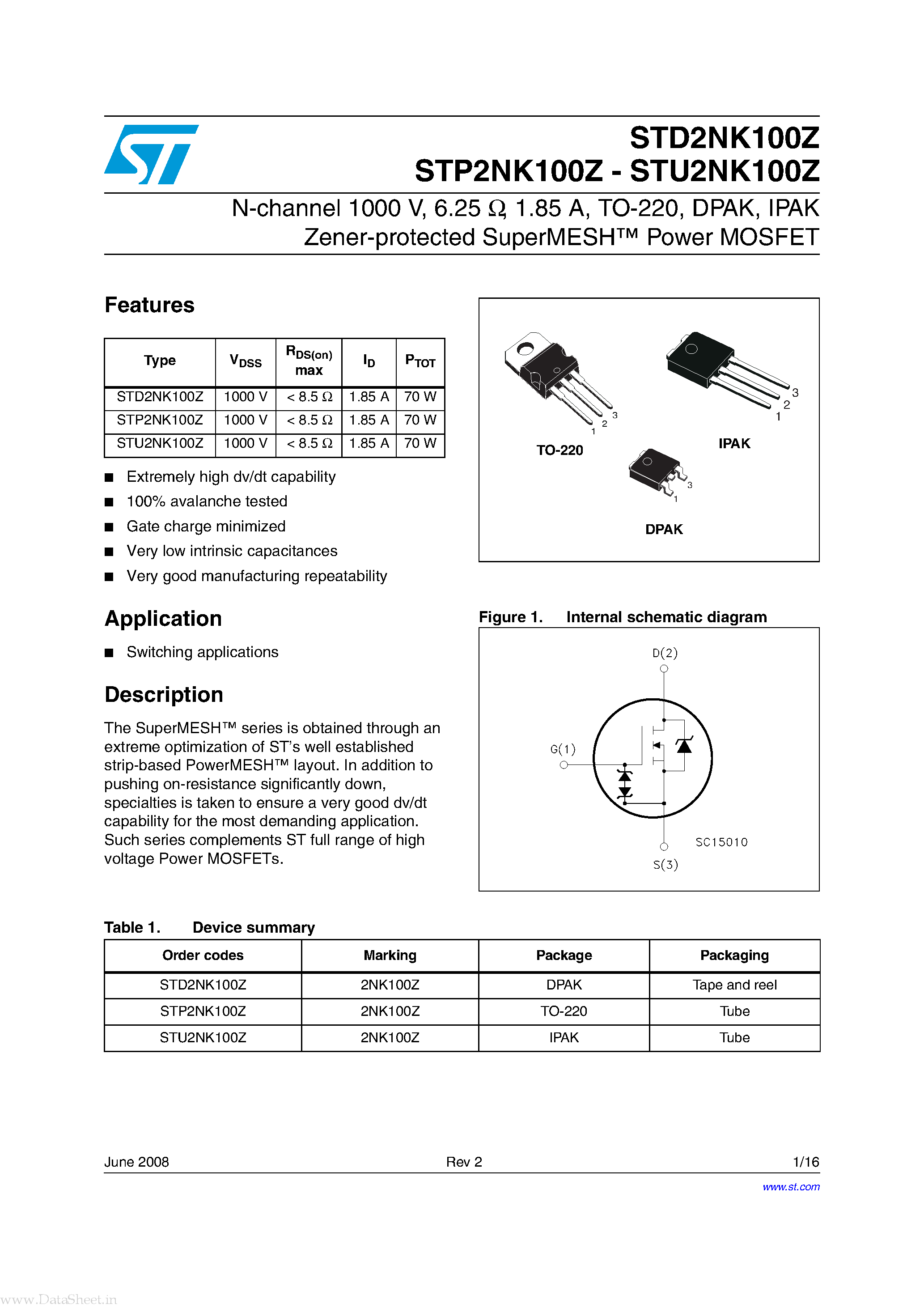 Datasheet STD2NK100Z - N-channel Power MOSFET page 1