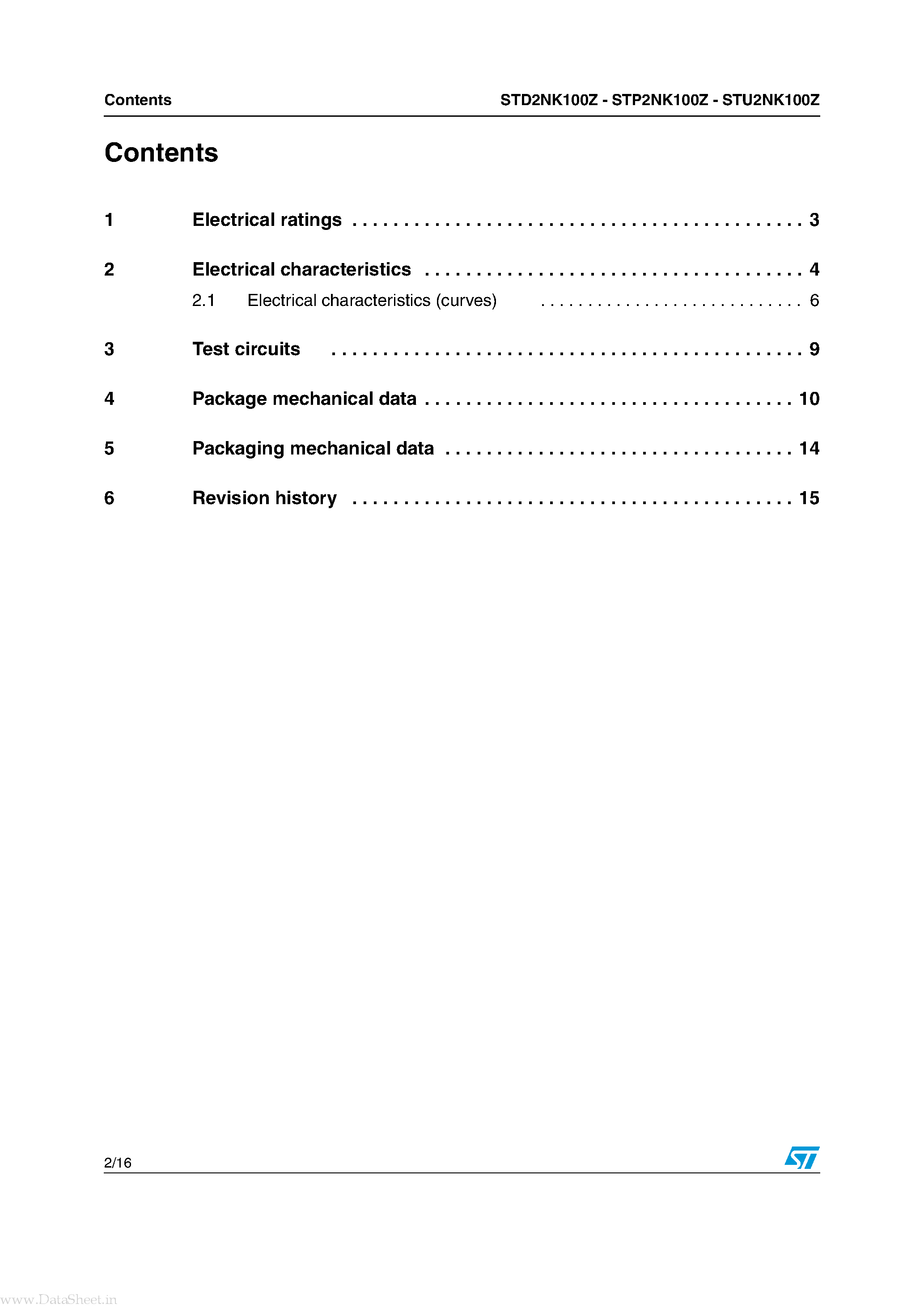 Datasheet STP2NK100Z page 2 Datasheet STP2NK100Z - N-channel Power MOSFET page 2