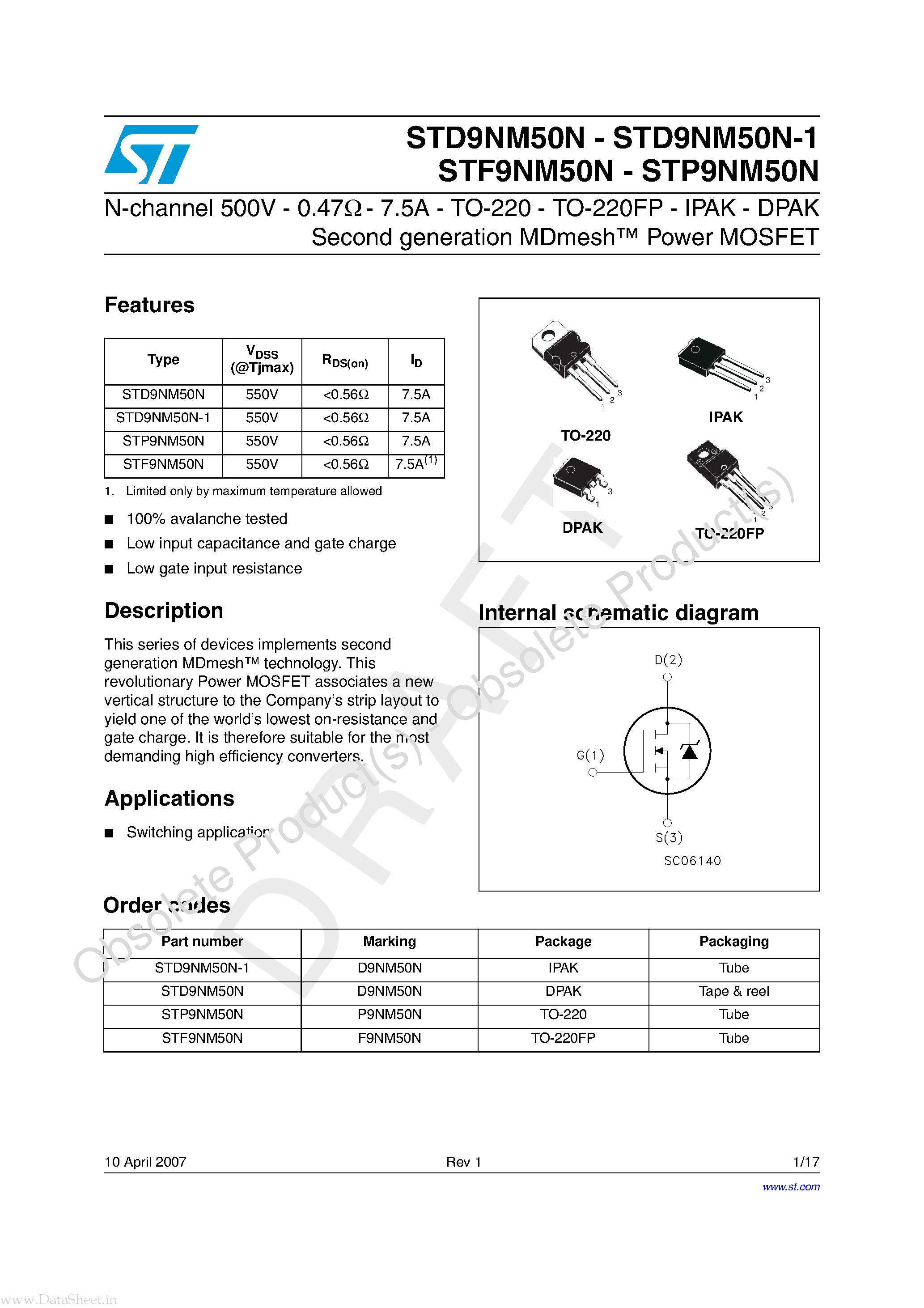 Datasheet STF9NM50N - N-channel Power MOSFET page 1