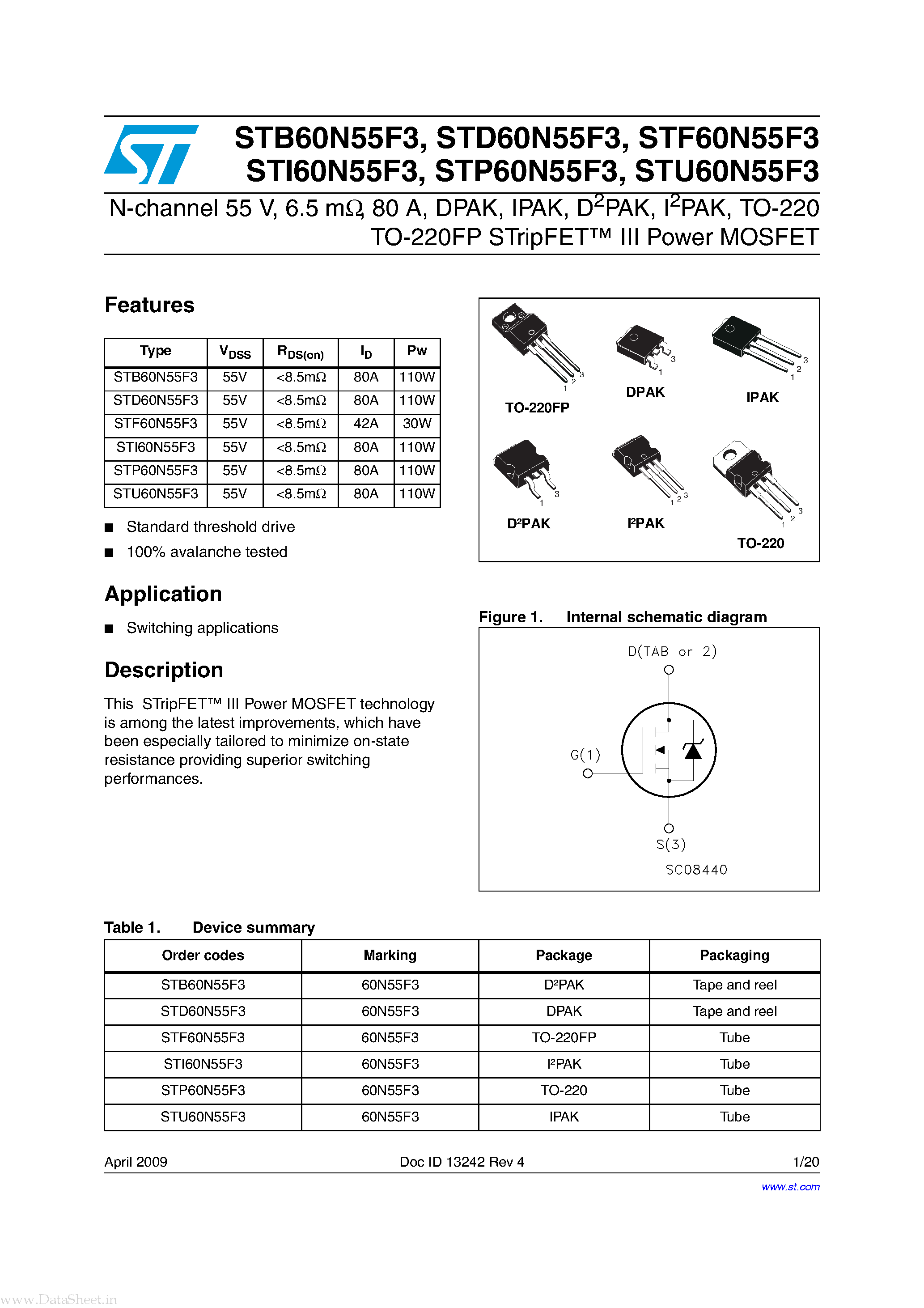 Datasheet STP60N55F3 page 1 Datasheet STP60N55F3 - N-channel Power MOSFET page 1