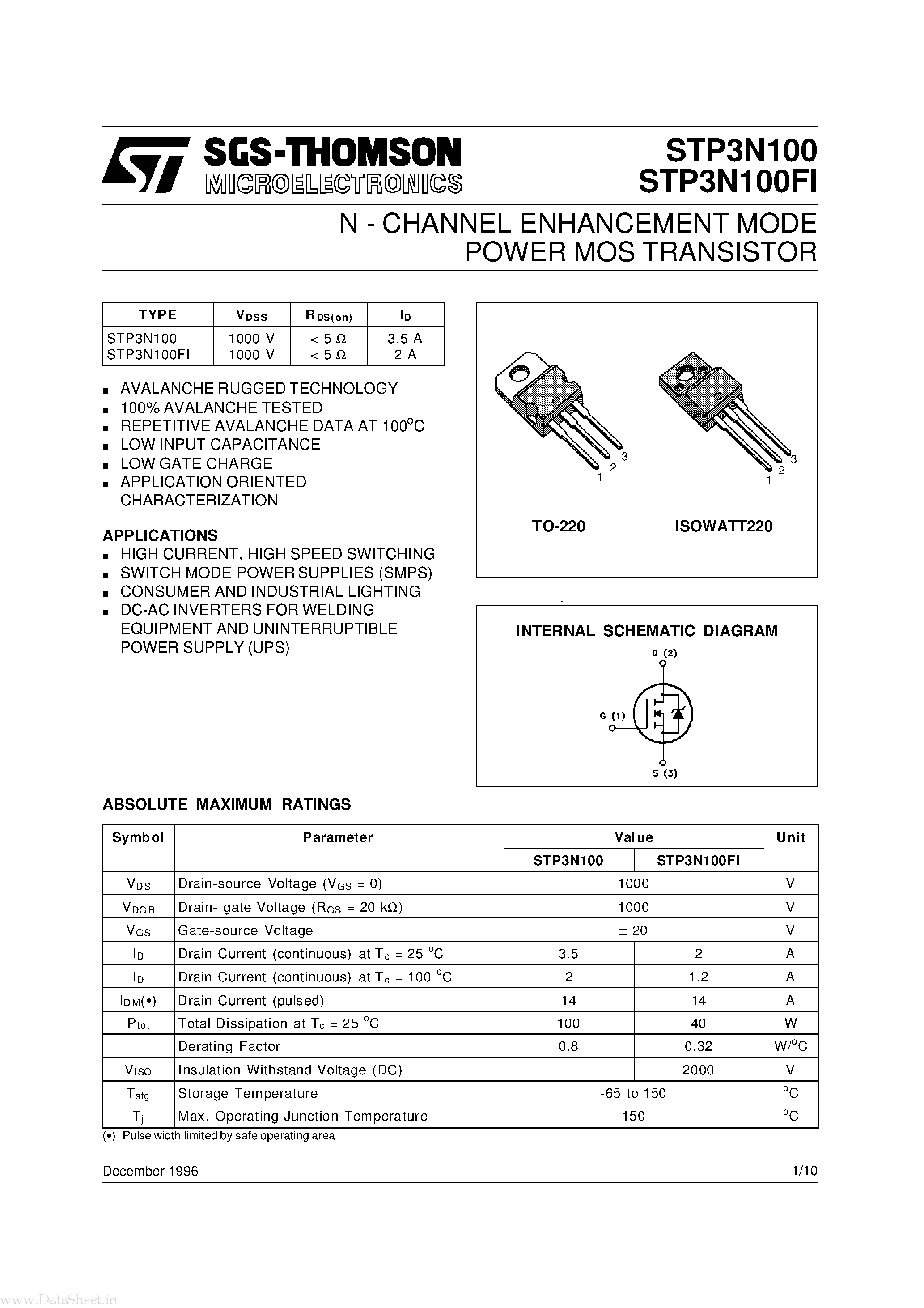 Даташит STP3N100 - N-CHANNEL ENHANCEMENT MODE POWER MOS TRANSISTOR страница 1