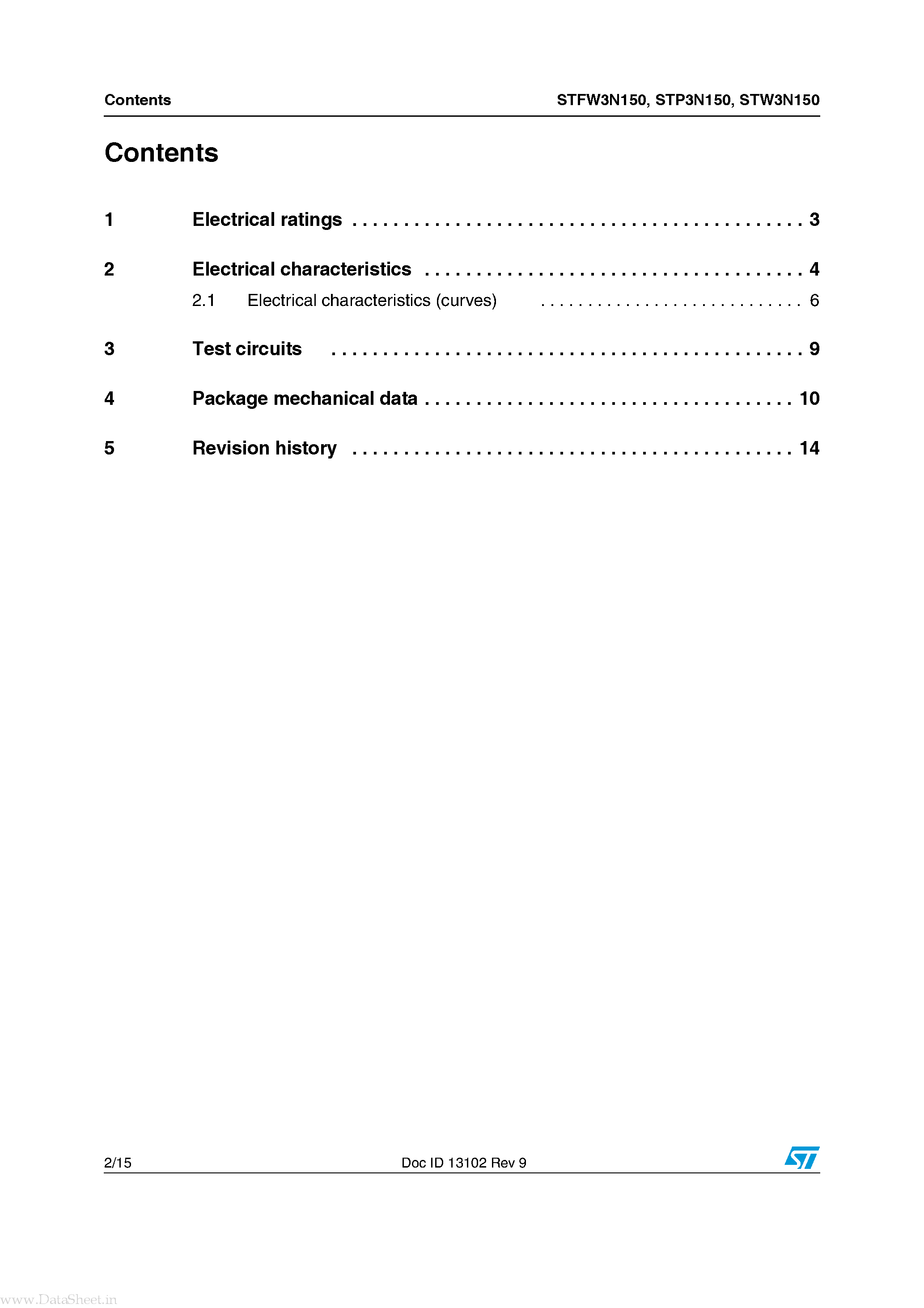 Datasheet STFW3N150 - N-channel MOSFET page 2