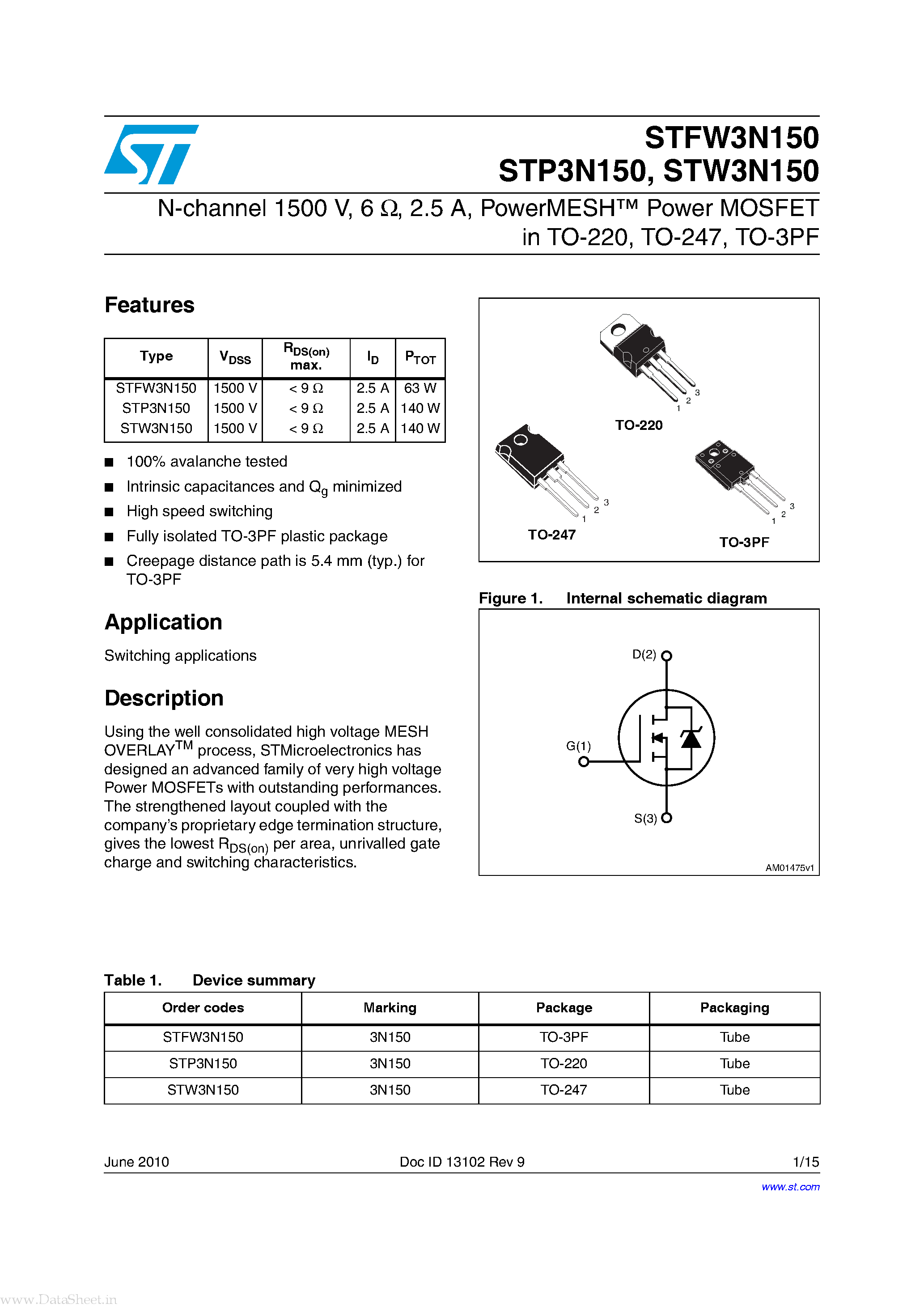 Datasheet STW3N150 page 1 Datasheet STW3N150 - N-channel MOSFET page 1