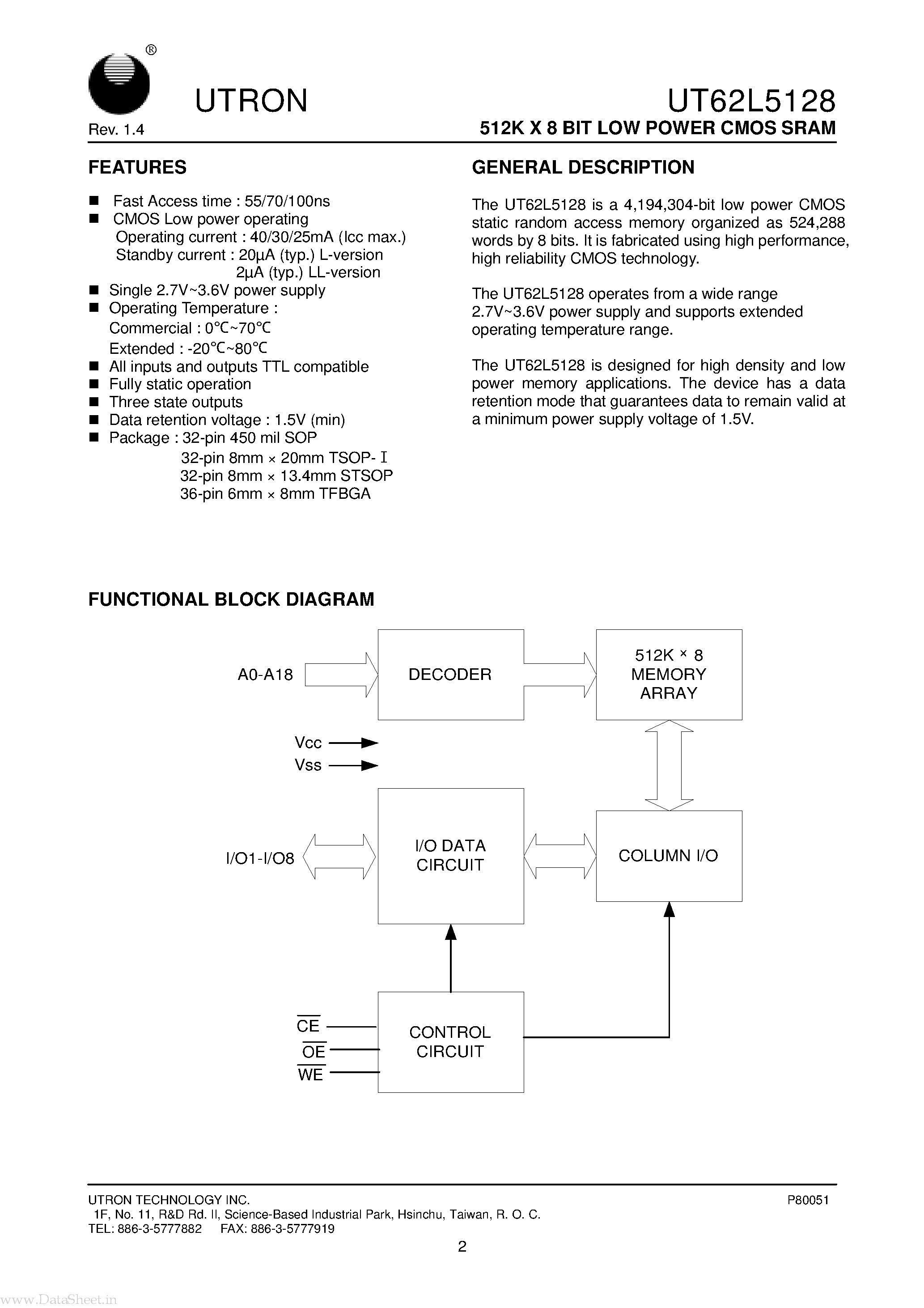 Даташит на микросхему UT62L5128 страница 2 Даташит UT62L5128 - 512K X 8 BIT LOW POWER CMOS SRAM страница 2