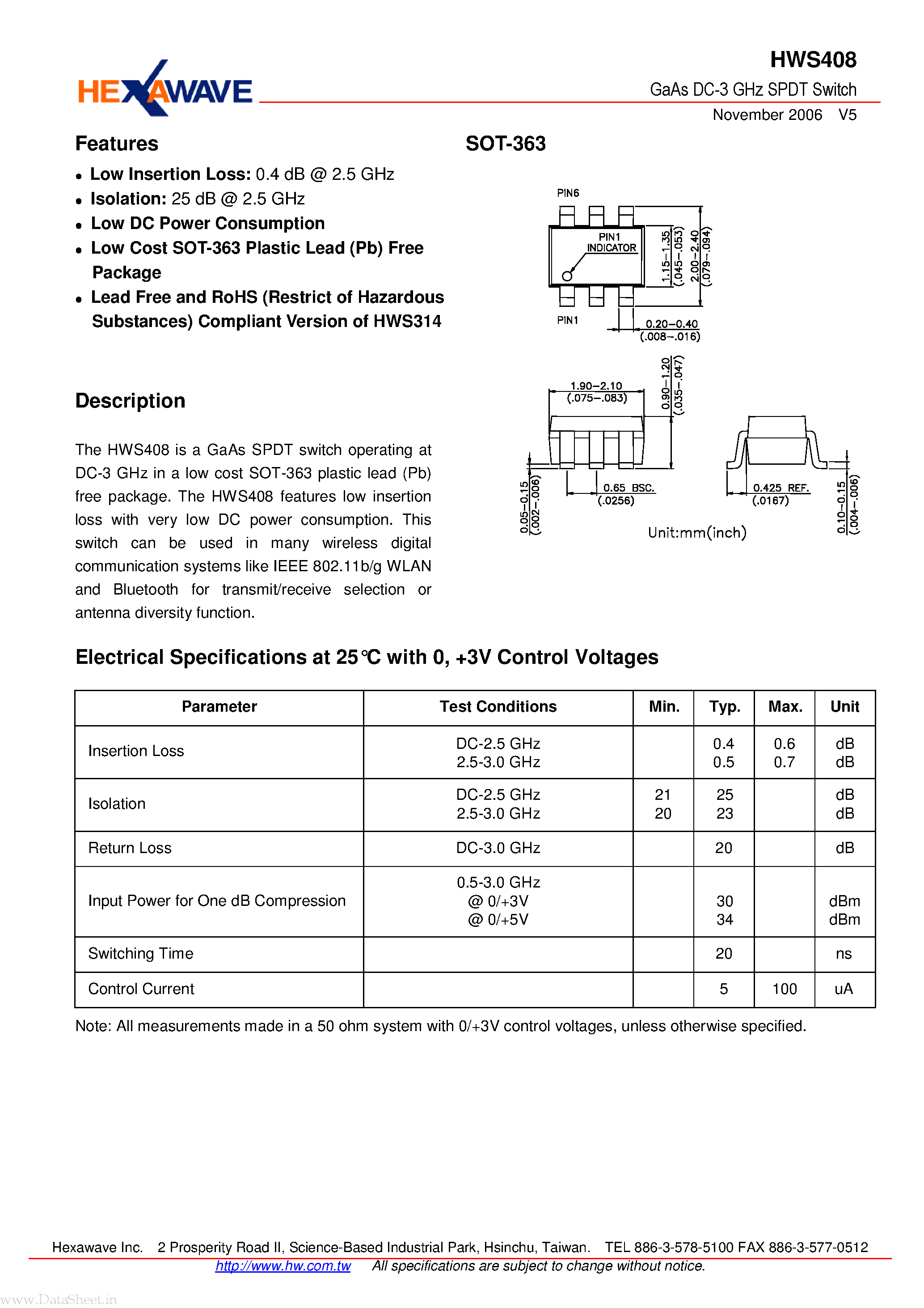 Даташит HWS408 - GaAs DC-3 GHz SPDT Switch страница 1