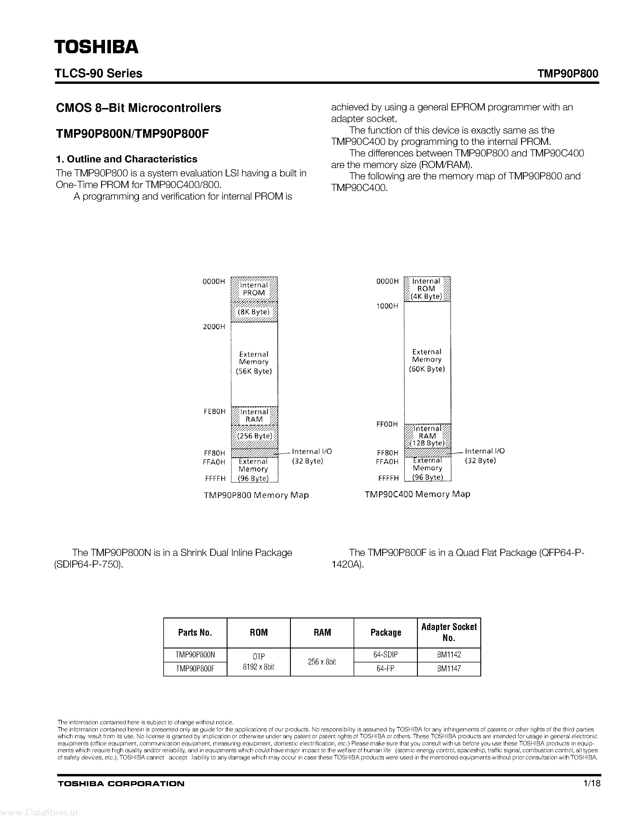 Datasheet TMP90P800 page 1 Datasheet TMP90P800 - CMOS 8-bit Microcontrollers page 1