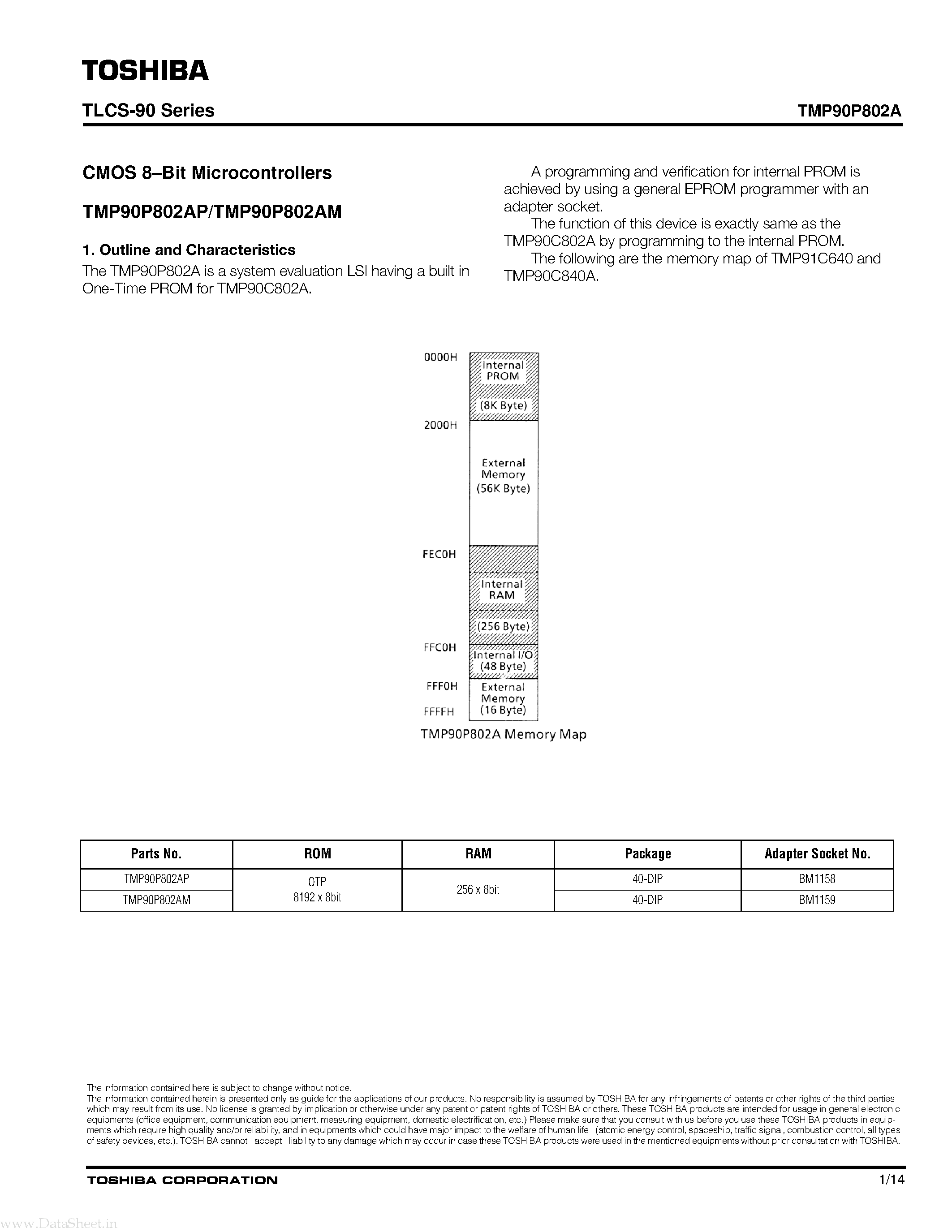 Datasheet TMP90P802A - CMOS 8-bit Microcontrollers page 1