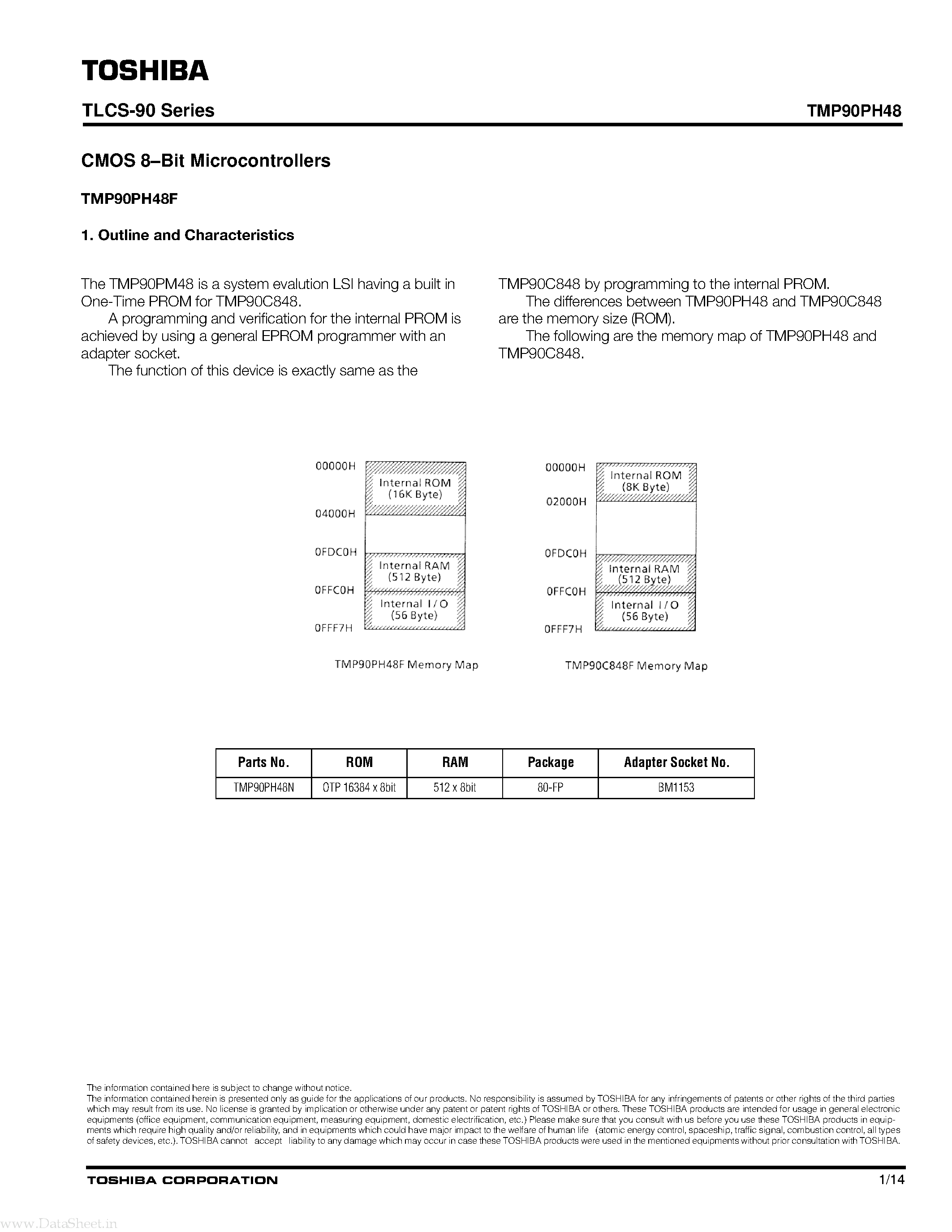 Datasheet TMP90PH48 - CMOS 8-Bit Microcontrollers page 1