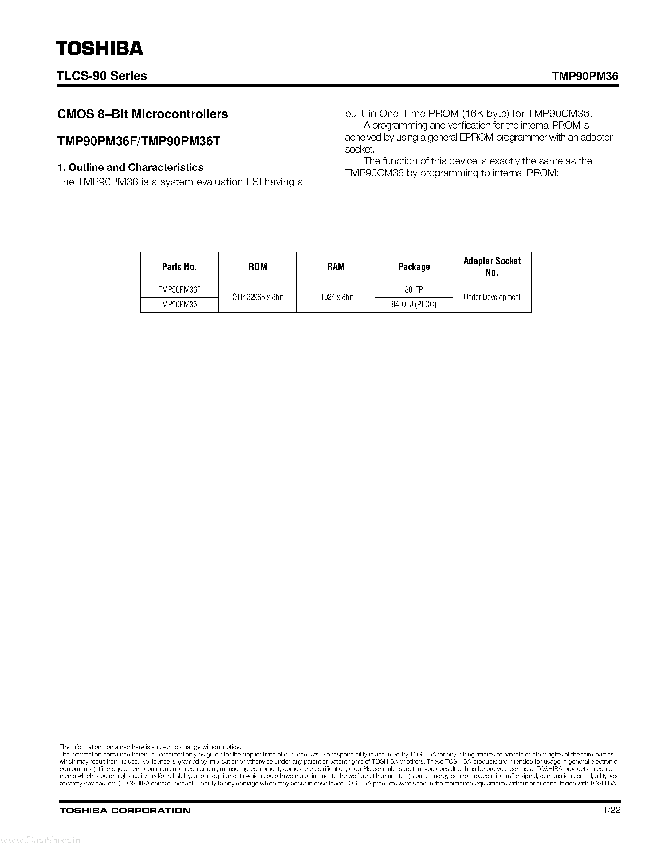 Datasheet TMP90PM36 - CMOS 8-bit Microcontrollers page 1