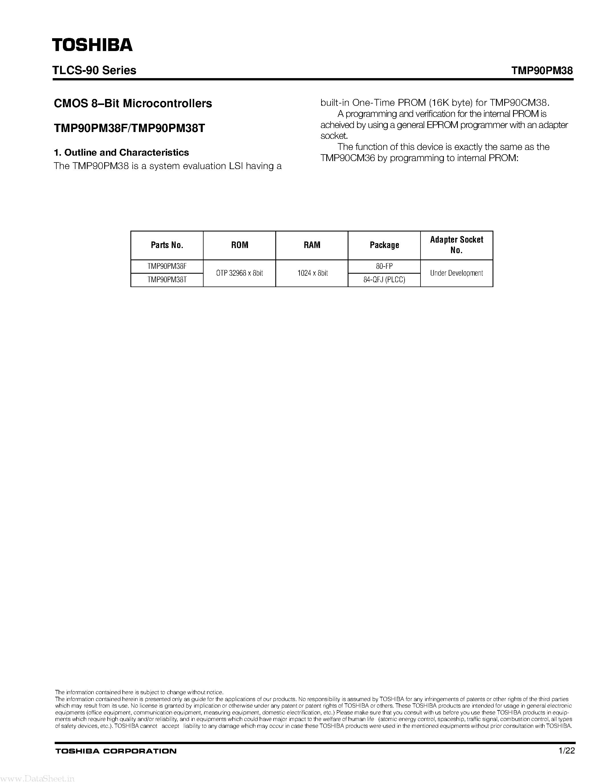 Datasheet TMP90PM38 - CMOS 8-bit Microcontrollers page 1