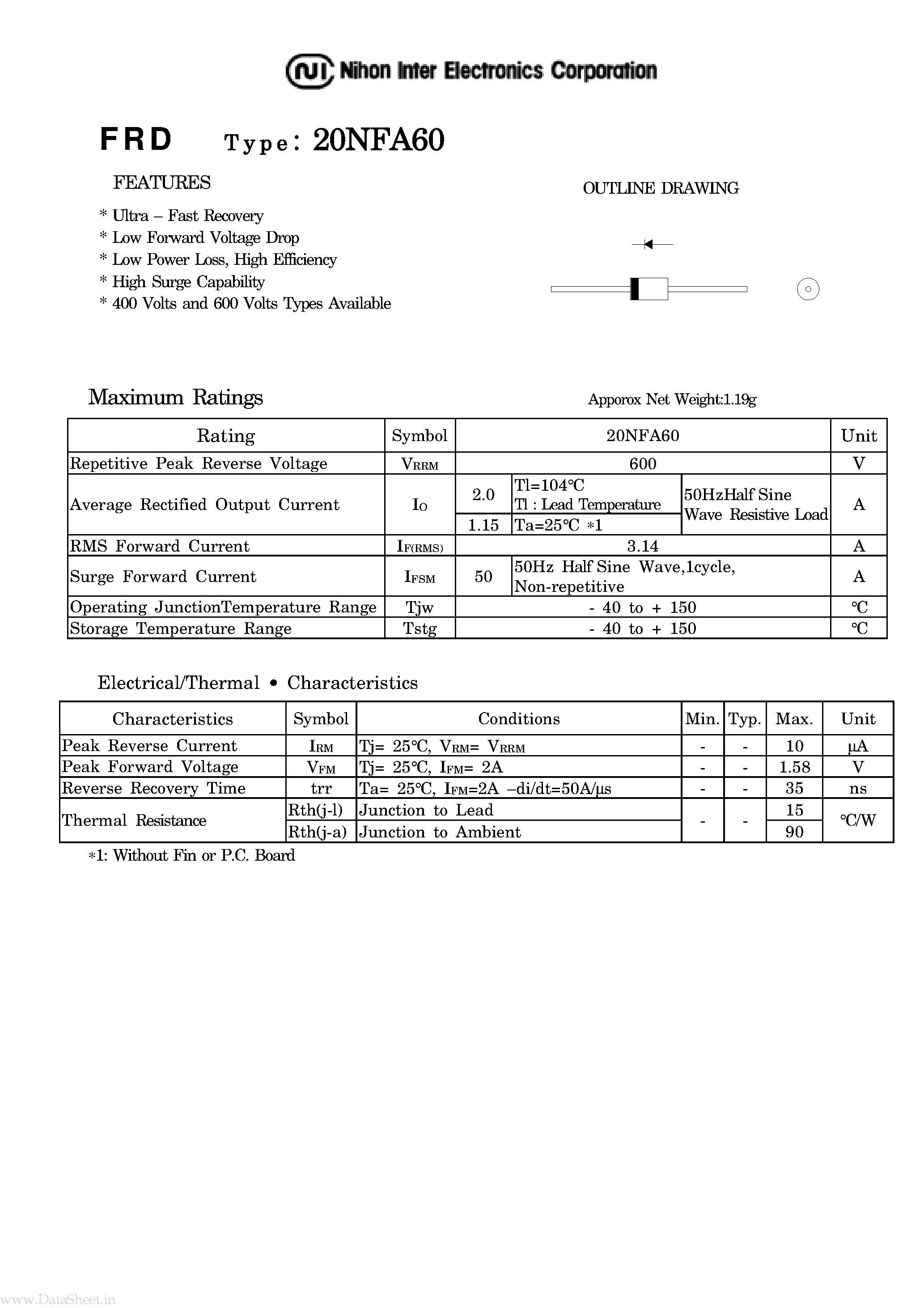 Datasheet 20NFA60 page 1 Datasheet 20NFA60 - Low Forward Voltage drop Diode page 1