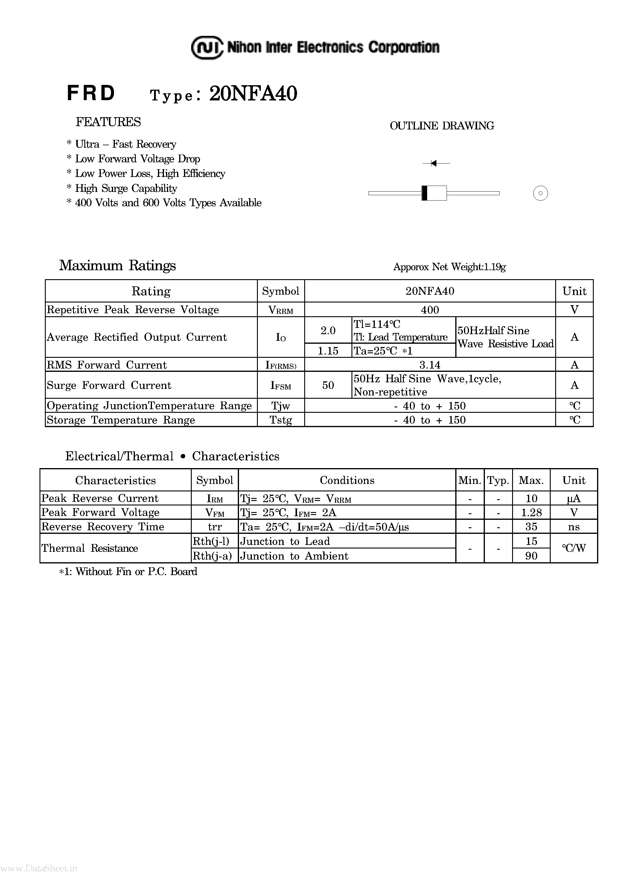 Datasheet 20NFA40 page 1 Datasheet 20NFA40 - Low Forward Voltage drop Diode page 1