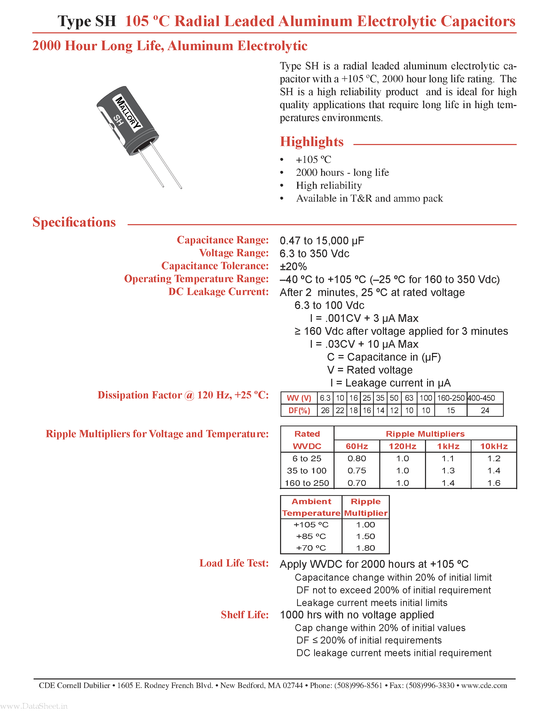 Datasheet SH010M050ST - Aluminum Electorlytic Capacitors page 1