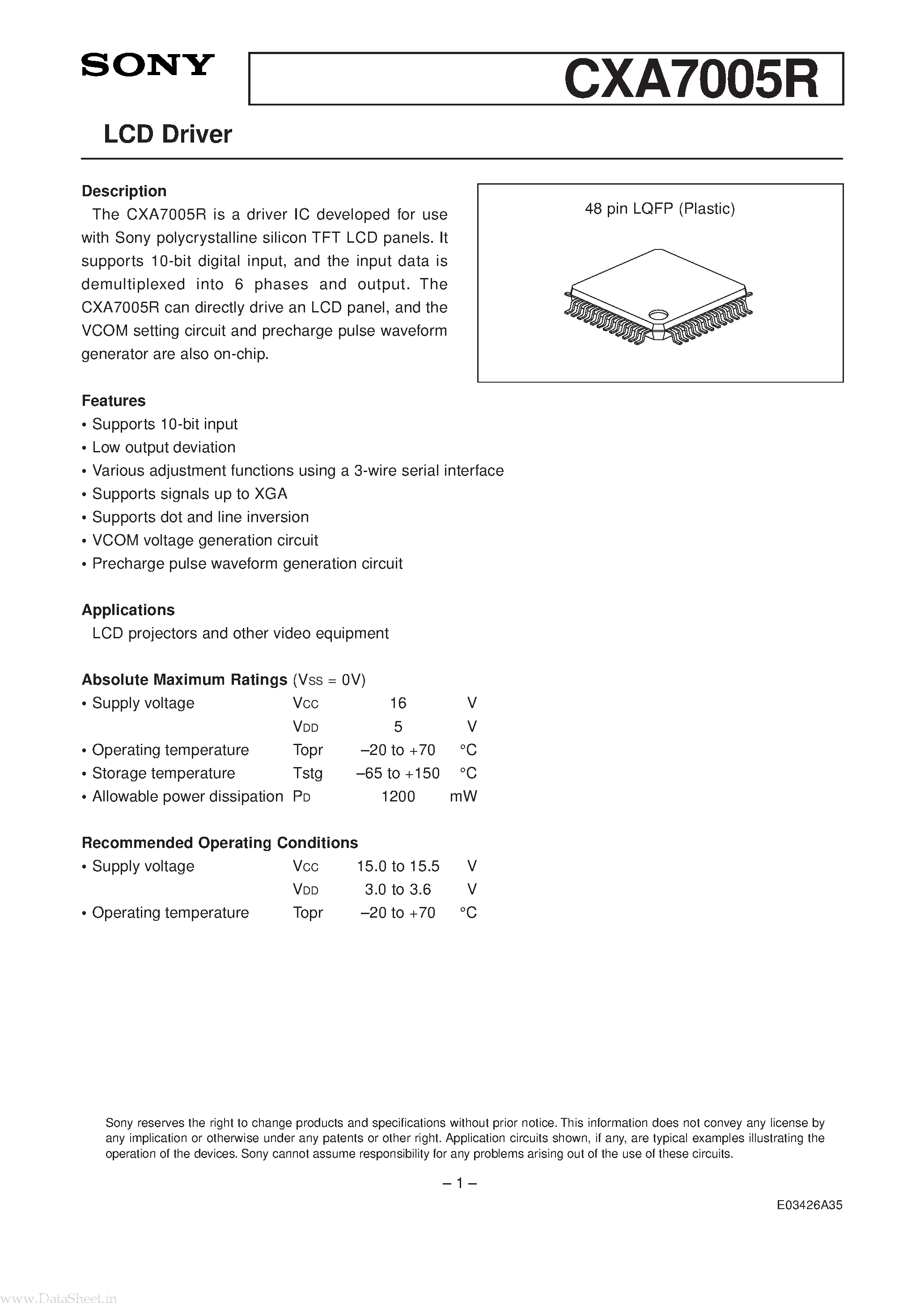 Datasheet CXA7005R - LCD Driver page 1