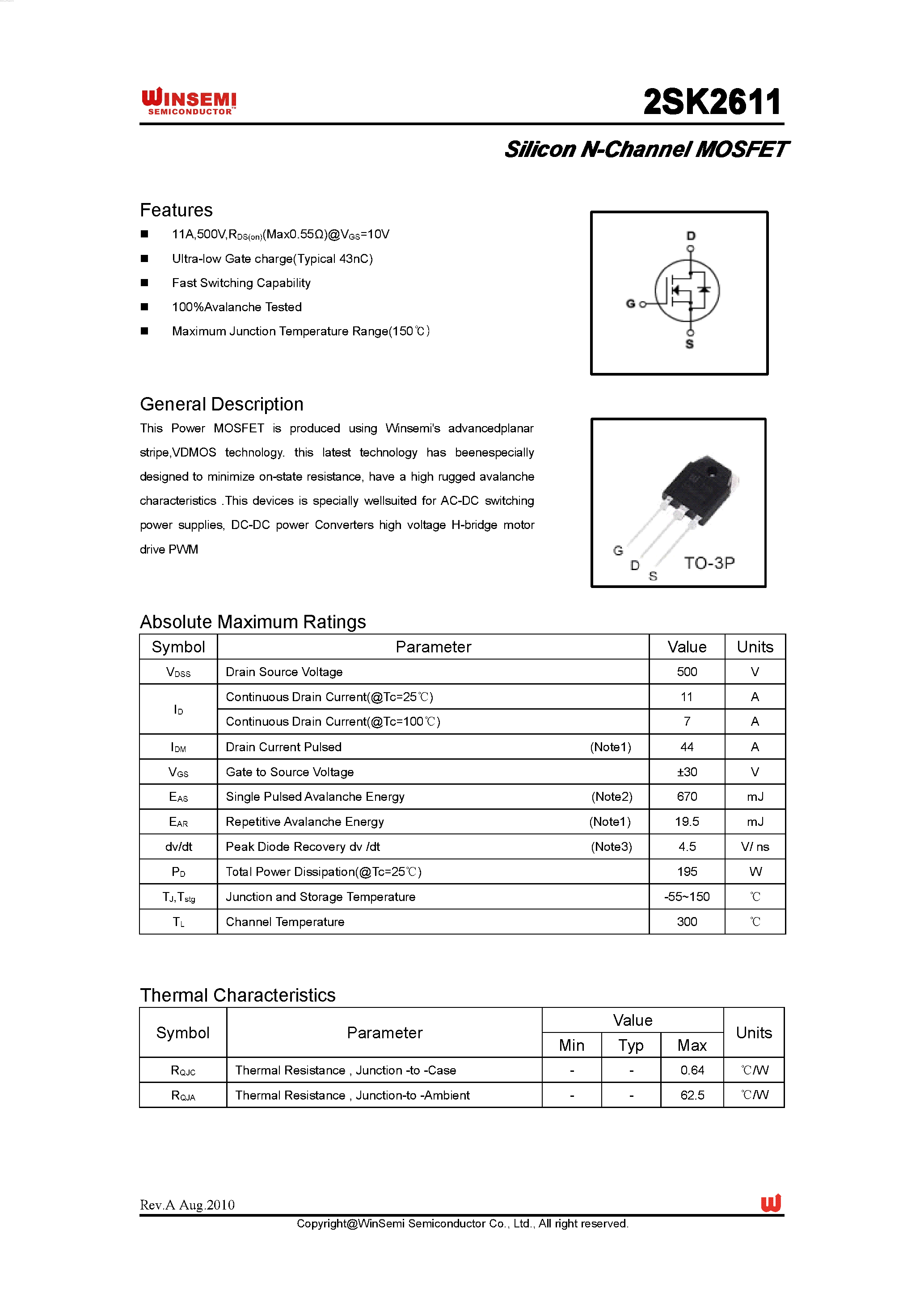 Datasheet 2SK2611 - Silicon N-Channel MOSFET page 1