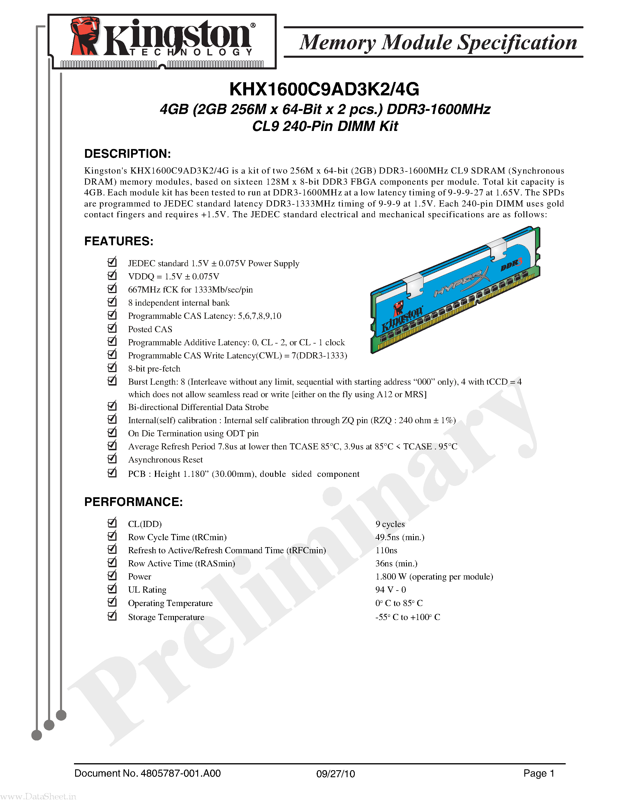 Datasheet KHX1600C9AD3K2/4G - 4GB (2GB 256M x 64-Bit x 2 pcs.) DDR3-1600MHz CL9 240-Pin DIMM Kit page 1