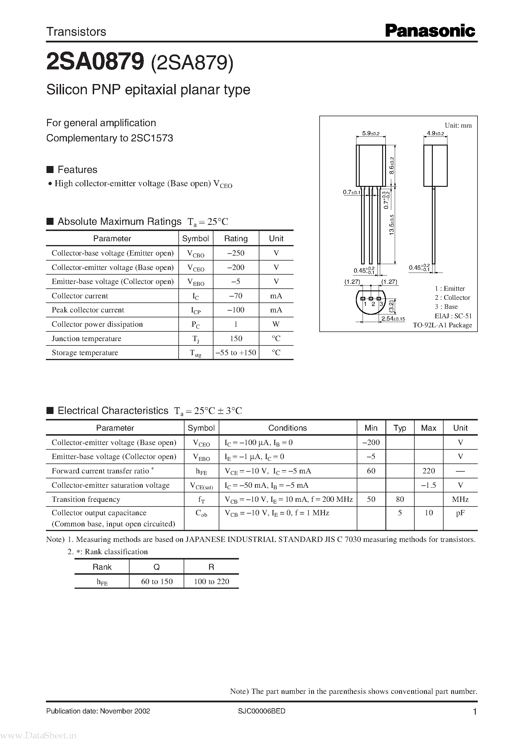 Datasheet 2SA0879 page 1 Datasheet 2SA0879 - Silicon PNP epitaxial planar type page 1