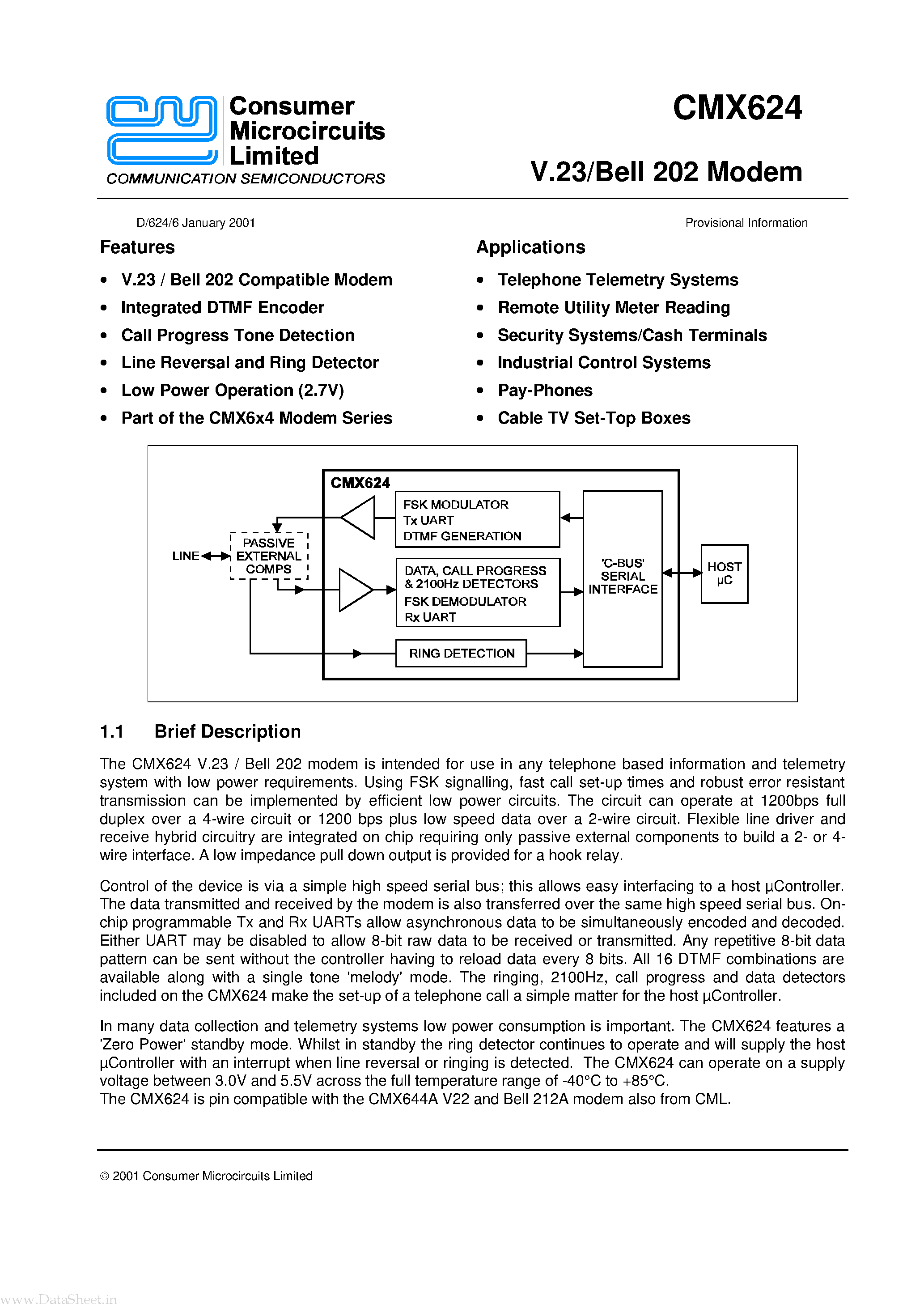 Datasheet CMX624 - Bell 202 And V.23 Modem page 1