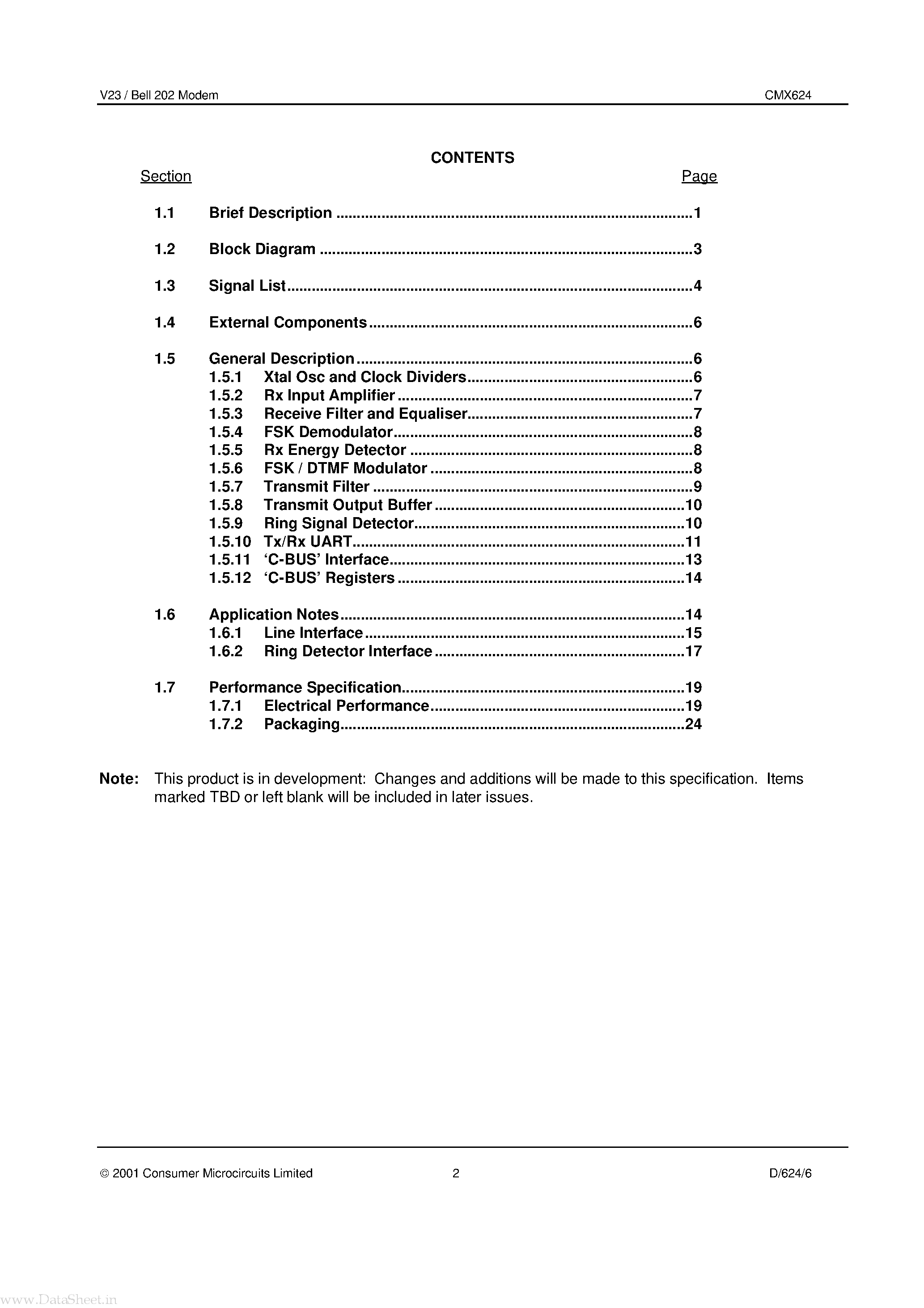 Datasheet CMX624 - Bell 202 And V.23 Modem page 2