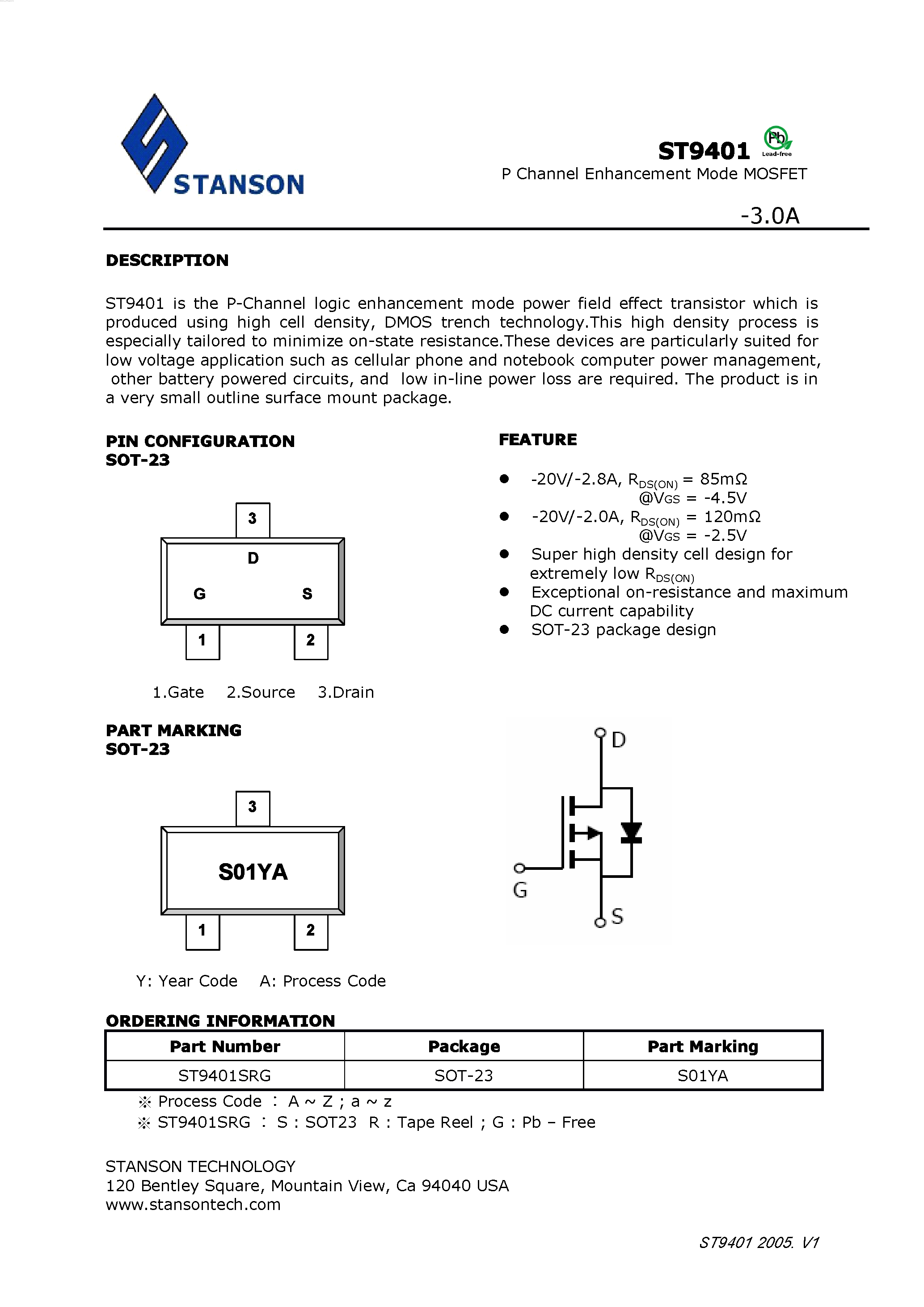 Даташит на микросхему ST9401 страница 1 Даташит ST9401 - P Channel Enhancement Mode MOSFET страница 1