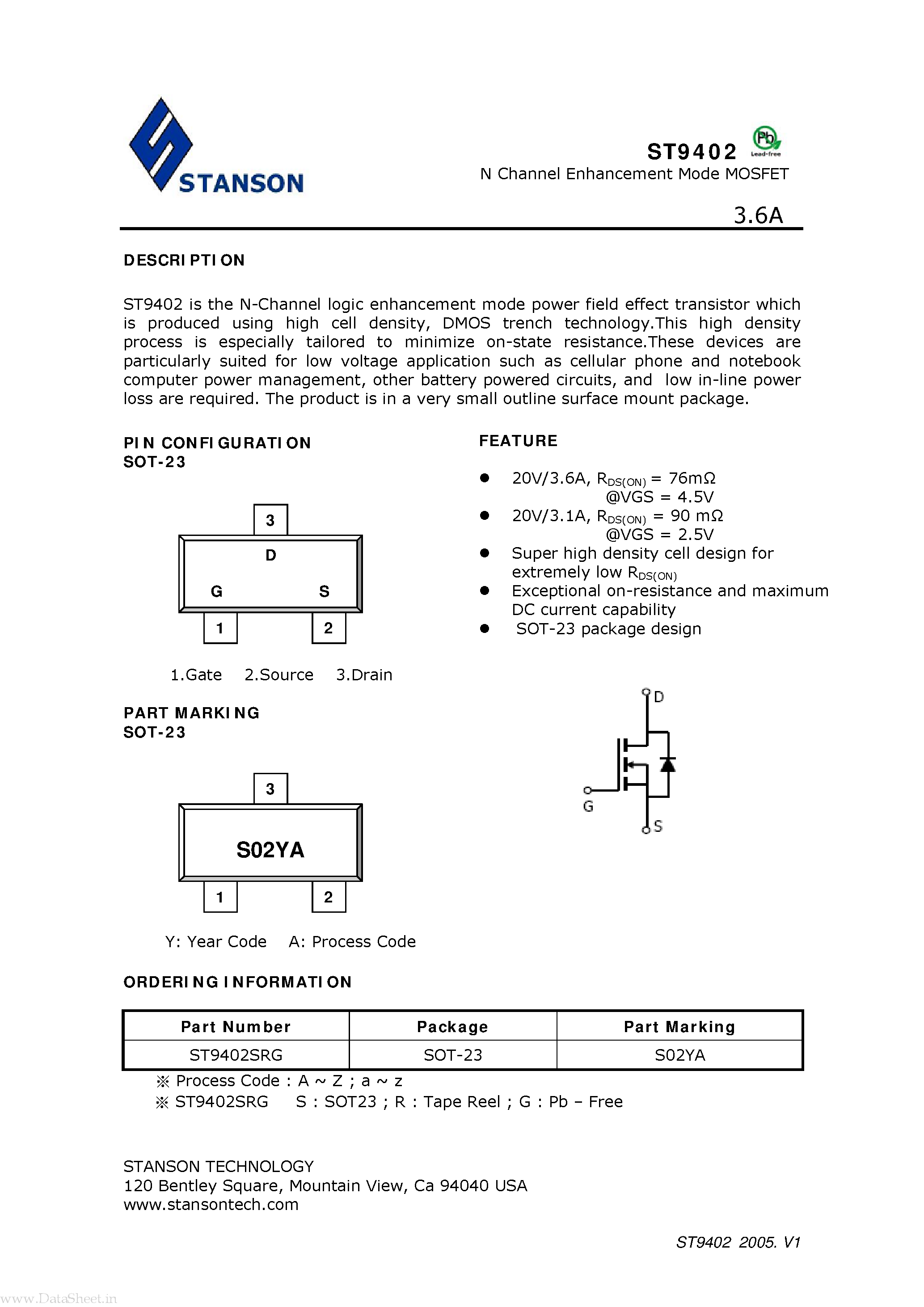 Даташит на микросхему ST9402 страница 1 Даташит ST9402 - N Channel Enhancement Mode MOSFET страница 1