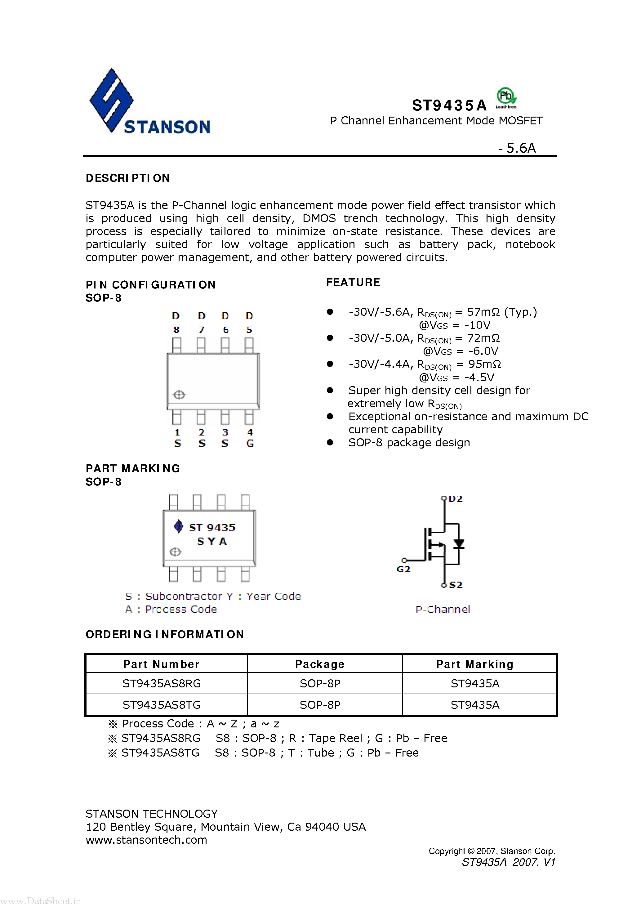 Даташит ST9435A - P Channel Enhancement Mode MOSFET страница 1
