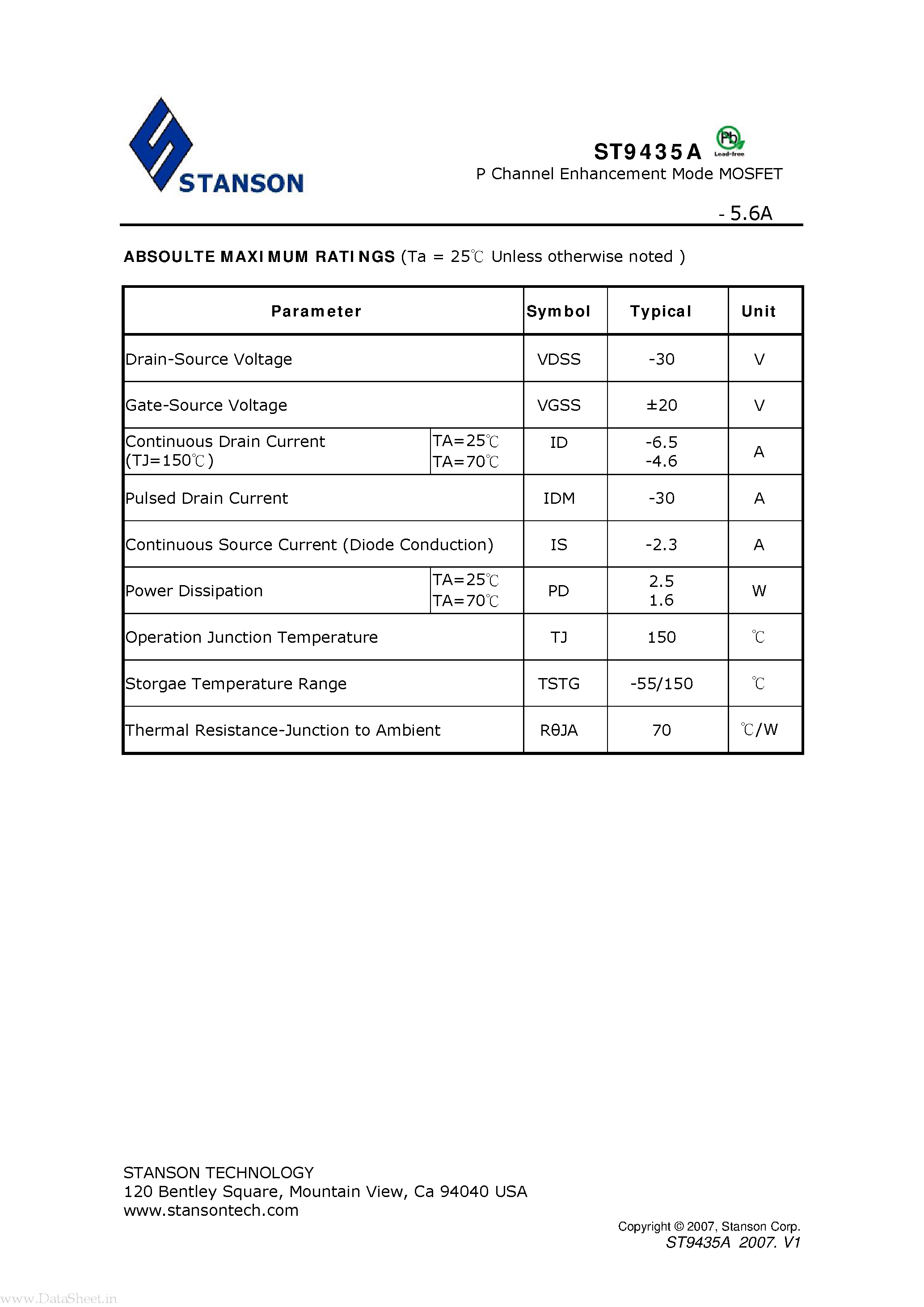 Даташит на микросхему ST9435A страница 2 Даташит ST9435A - P Channel Enhancement Mode MOSFET страница 2