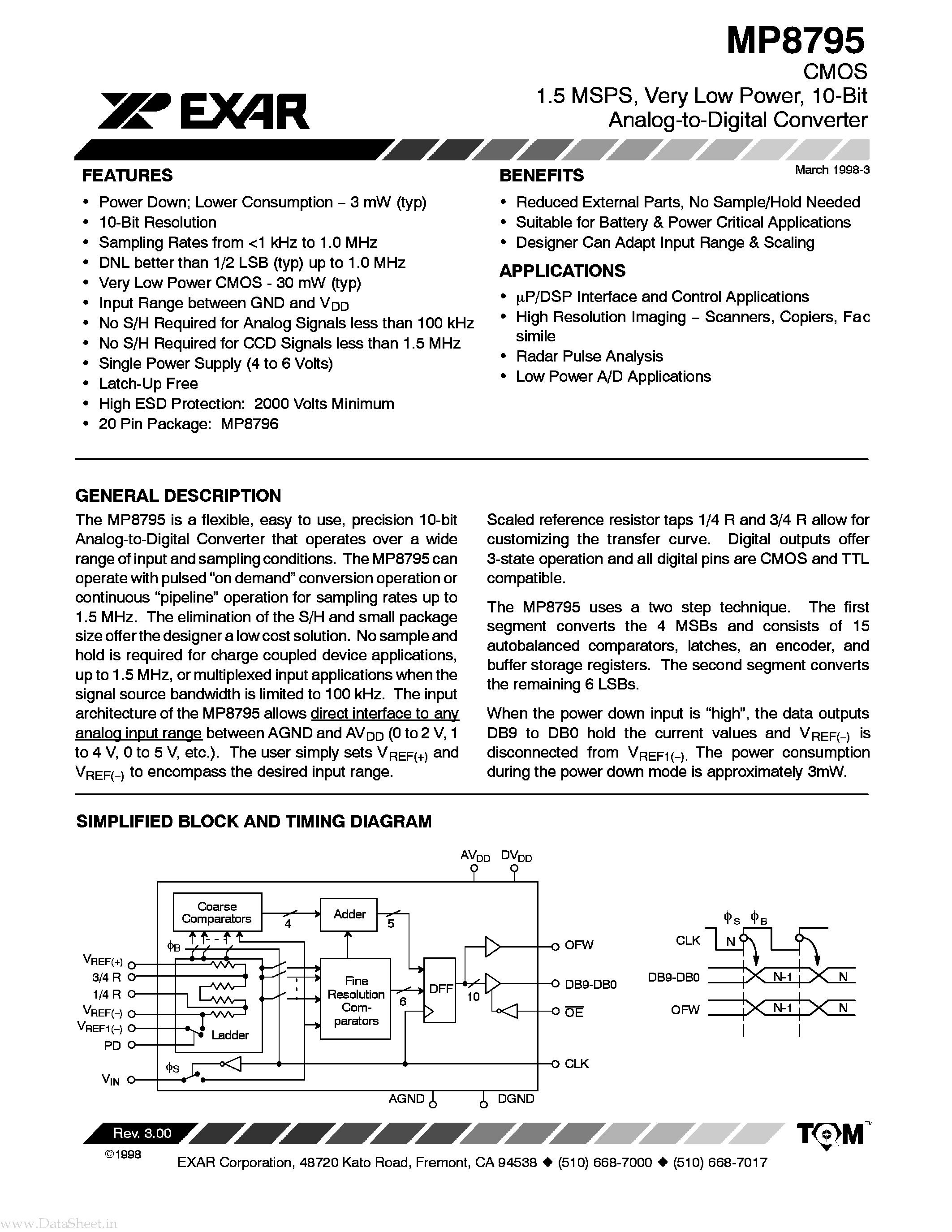 Datasheet MP8795 - CMOS 1.5 MSPS VERY LOW POWER 10-BIT ANALOG-TO-DIGITAL CONVERTER page 1
